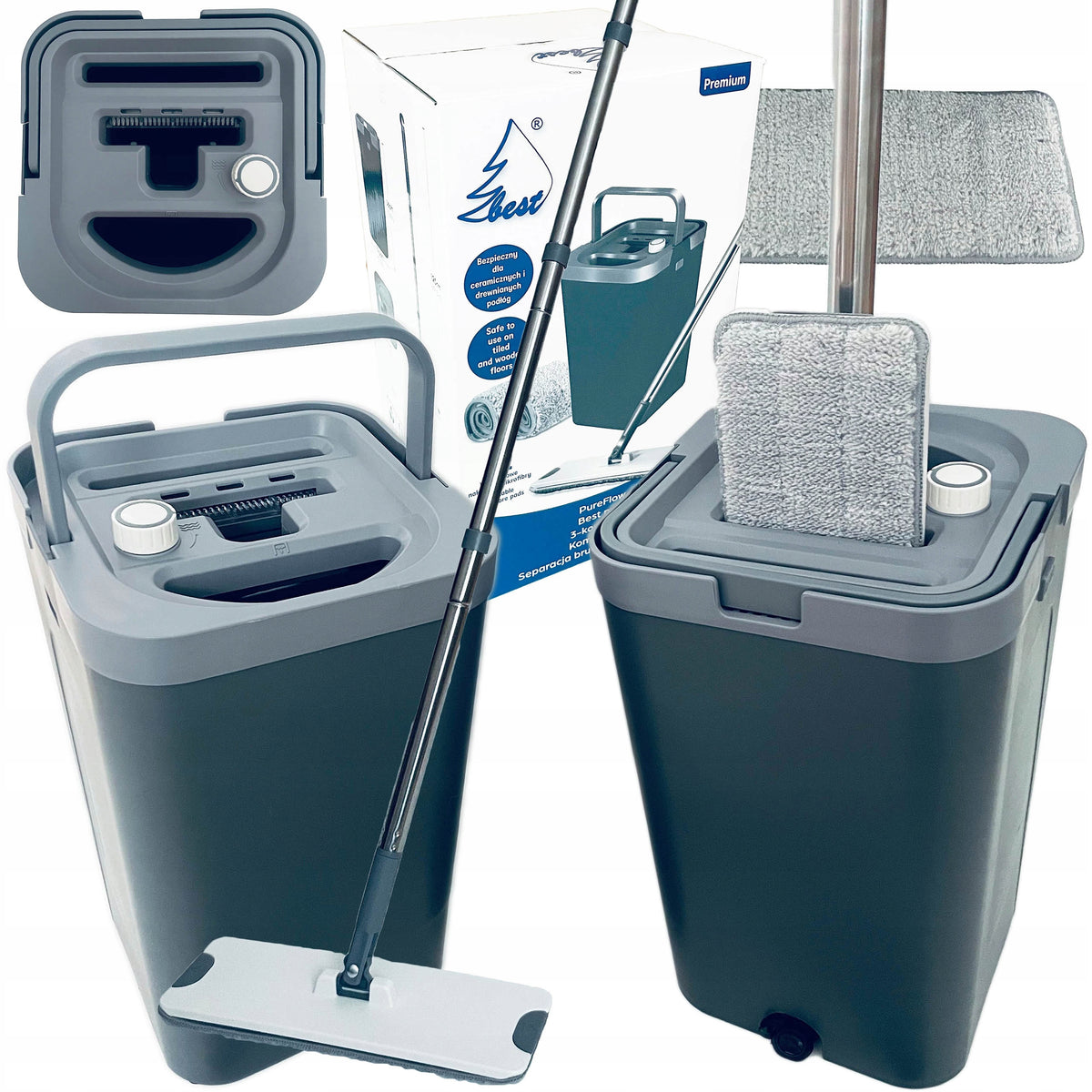 Flat mop 3 CHAMBER compact BEST SEPARATION Clean Dirty Water 2 cartridges