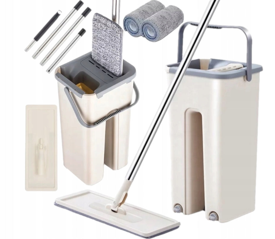 Flat mop with squeezer and two chambers beige