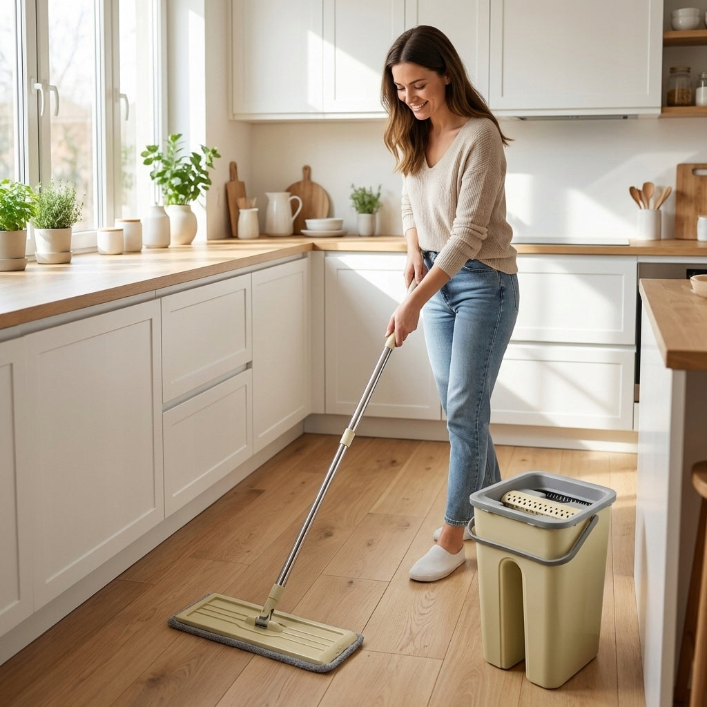 Flat mop with squeezer bucket two-chamber +2 microfiber cartridges Manufacturer code KAPSELL MOP PŁASKI Z WYCISKACZEM