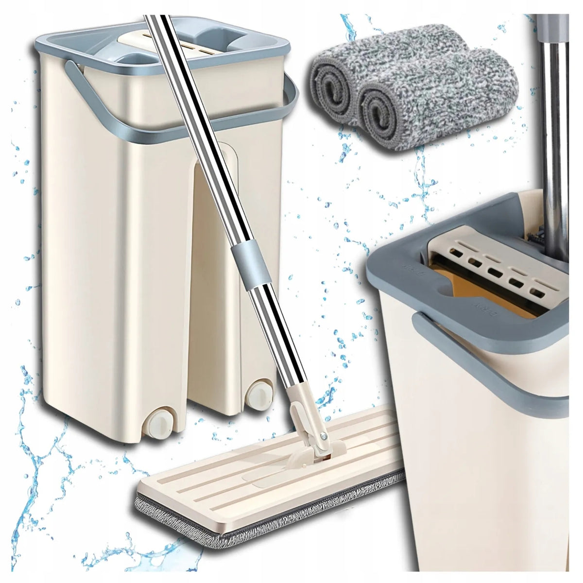 Flat mop with squeezer + double chamber bucket + 2 microfiber cartridges
