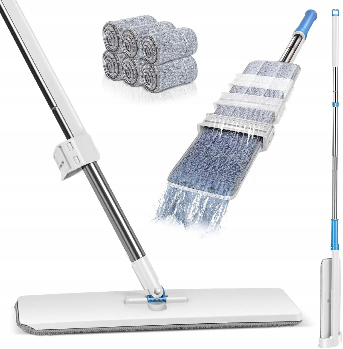Flat mop with squeezer microfiber 6 pads steel handle white