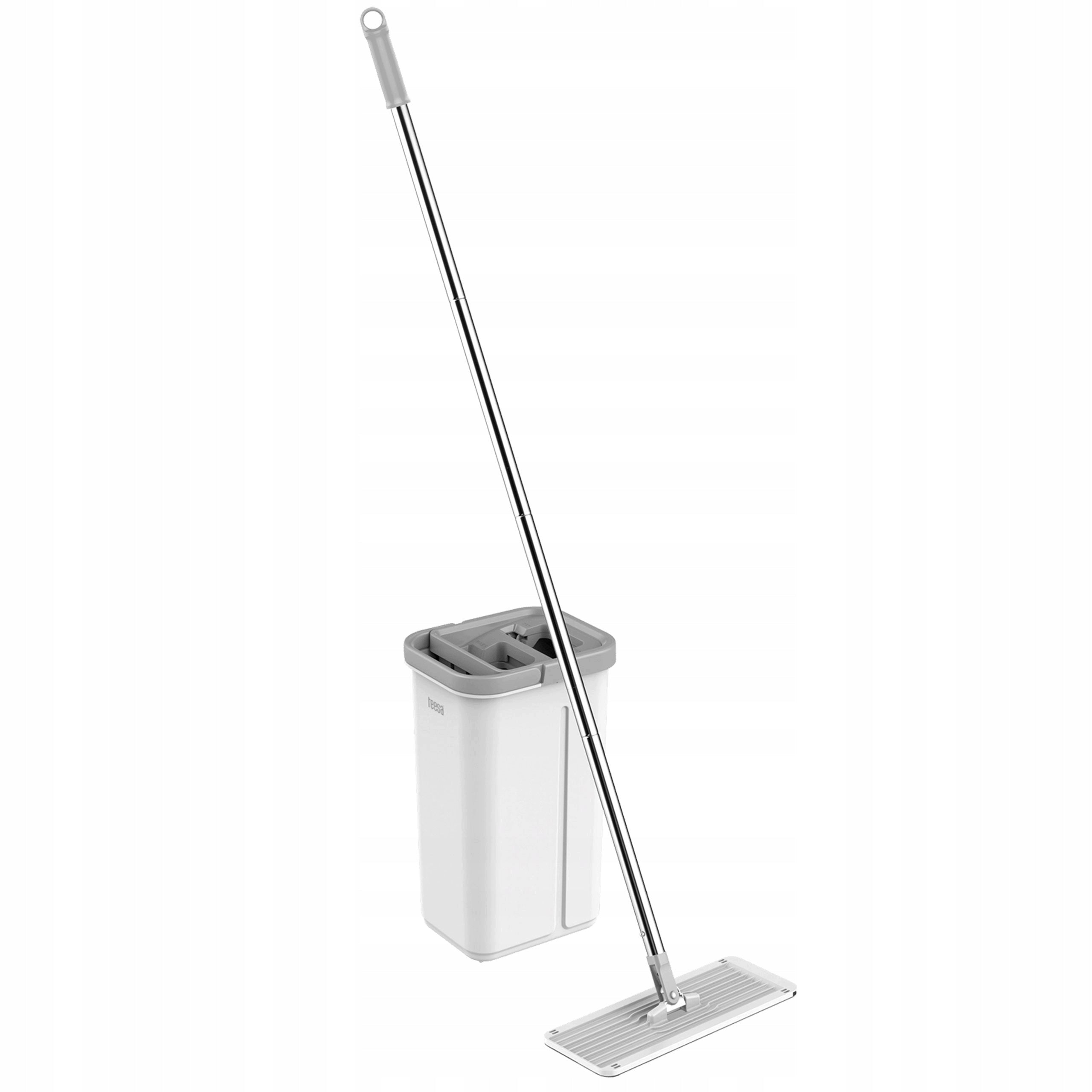 Flat mop with two-chamber bucket with squeezer 2 inserts stick telescope