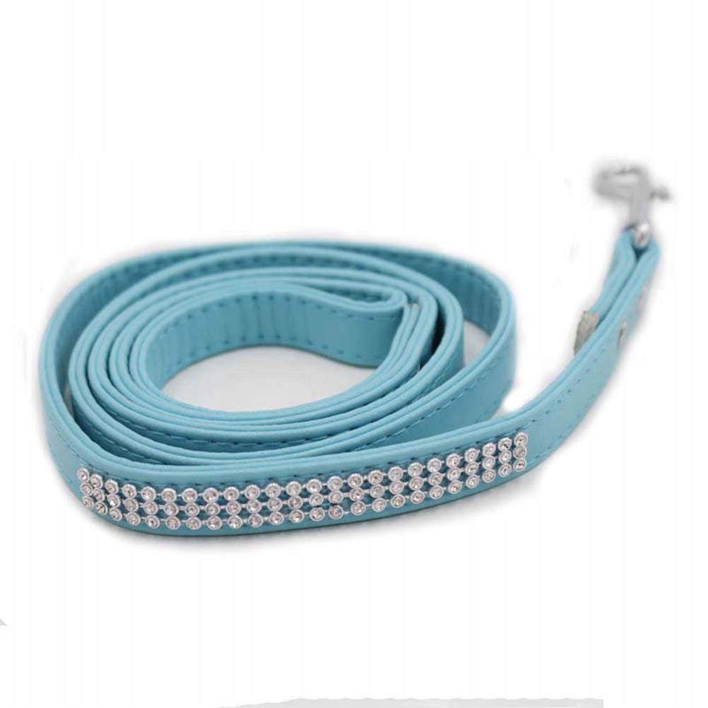 Flexible Blue PU Leather Dog Training Leash with Sparkly Rhinestones