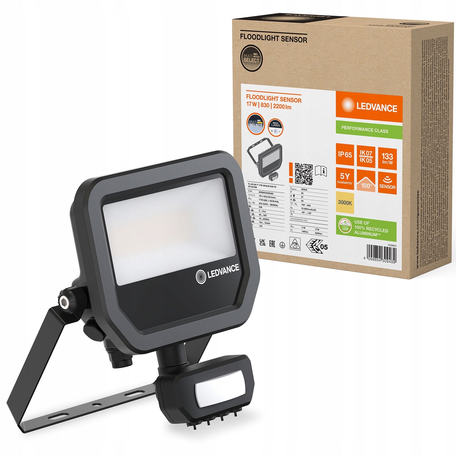 Floodlight Ledvance Floodlight Sensor 17W 3000K heat 2200lm IP65 black Batteries included no