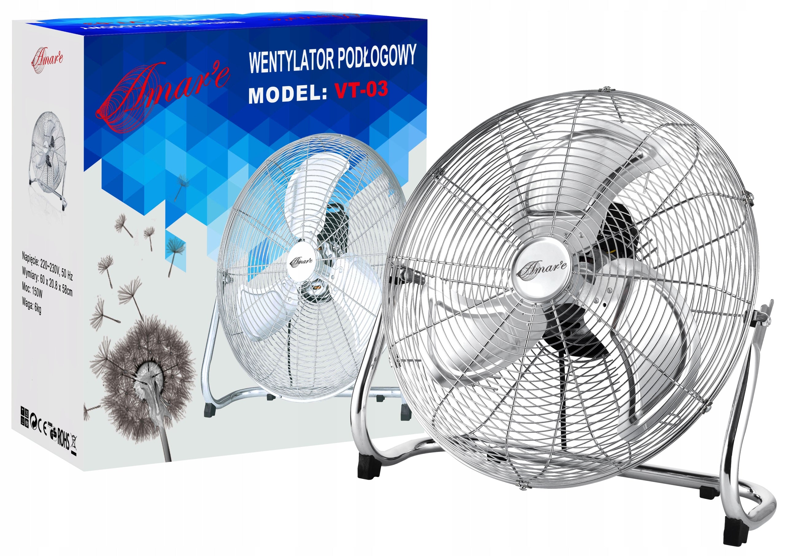 Floor Fan VT03 55cm 150W Circulator Windmill Large Metal Chrome