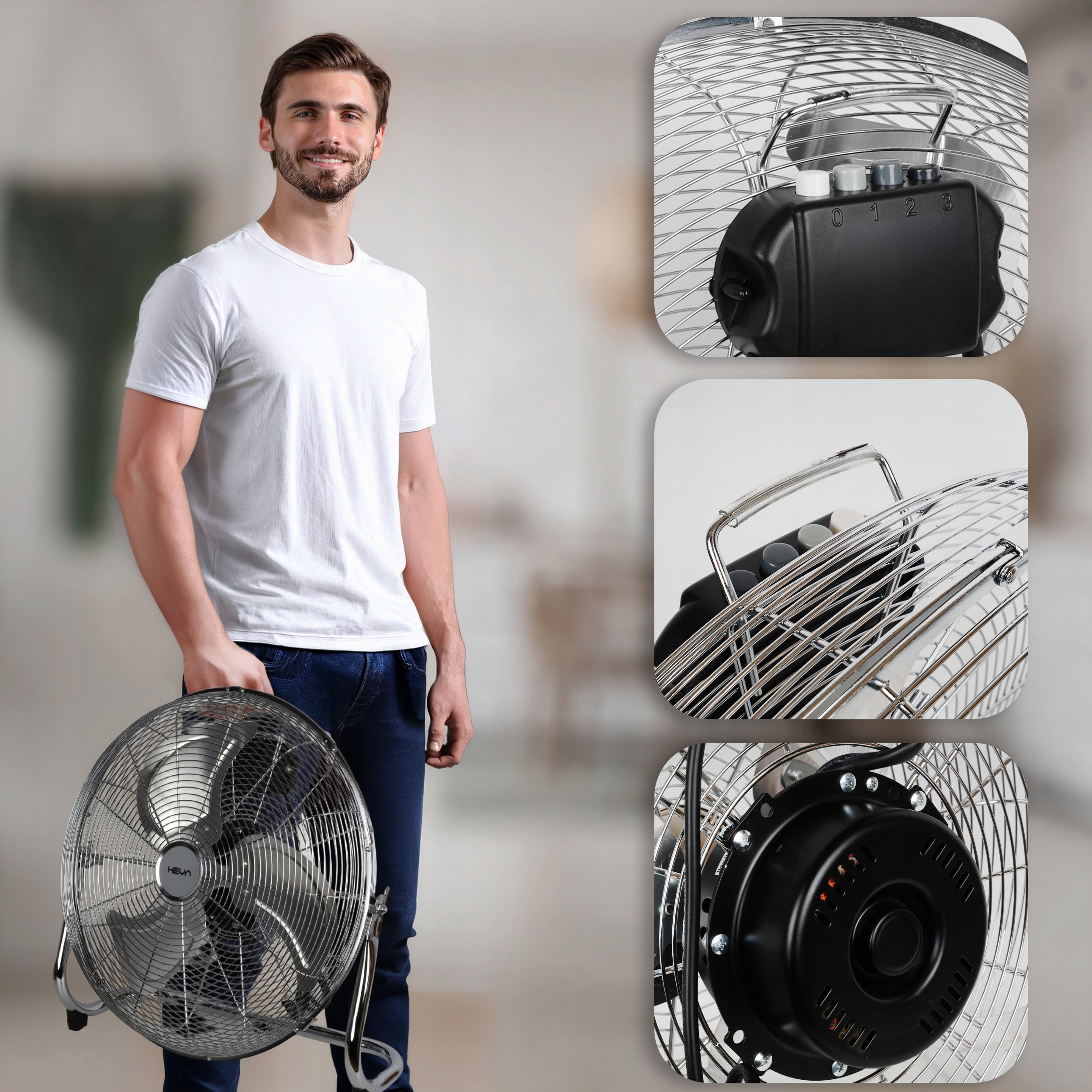 Floor fan HRX large industrial fan powerful 130W up to 50cm chrome Brand HEVA