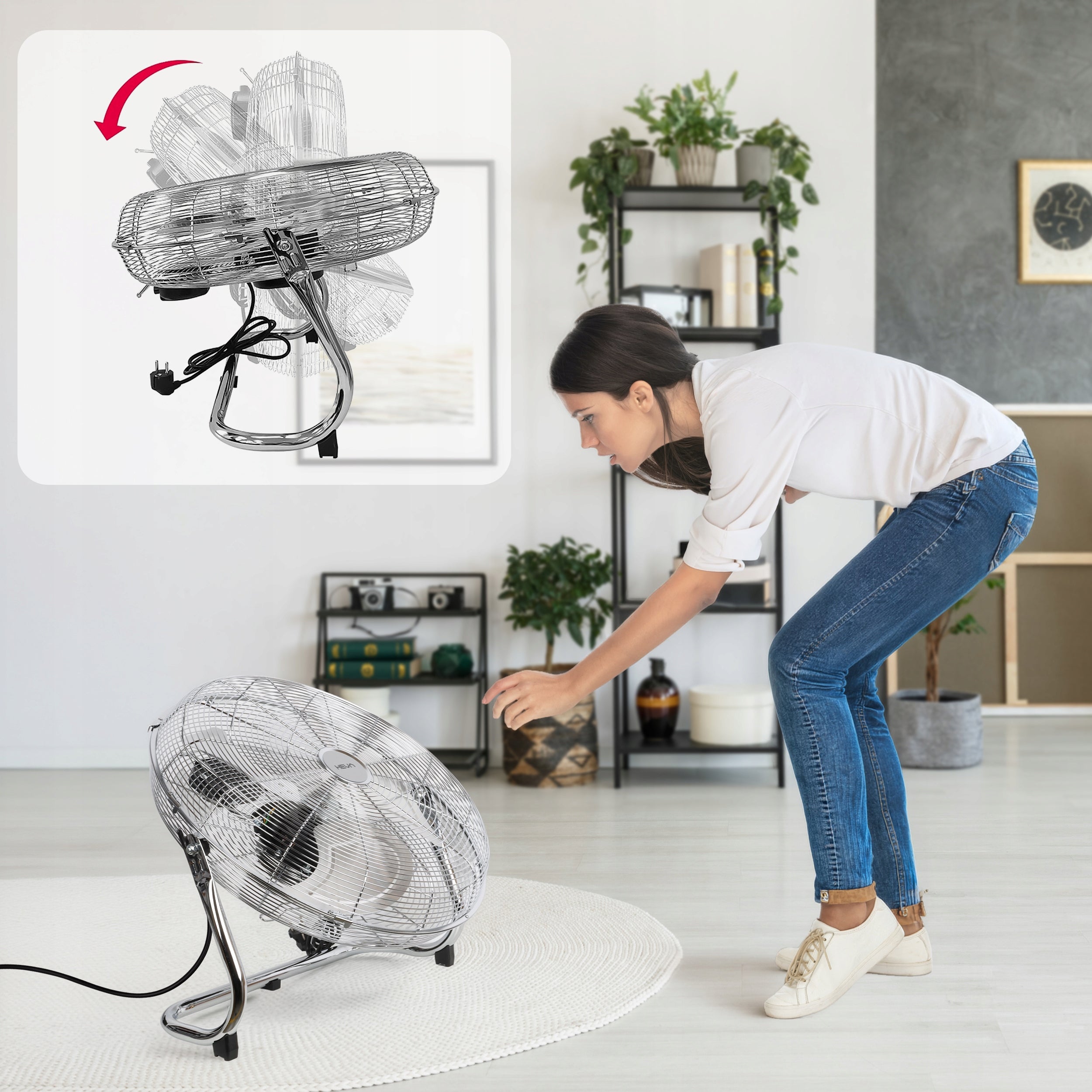 Floor fan HRX large industrial fan powerful 130W up to 50cm chrome Dominant color silver/gray