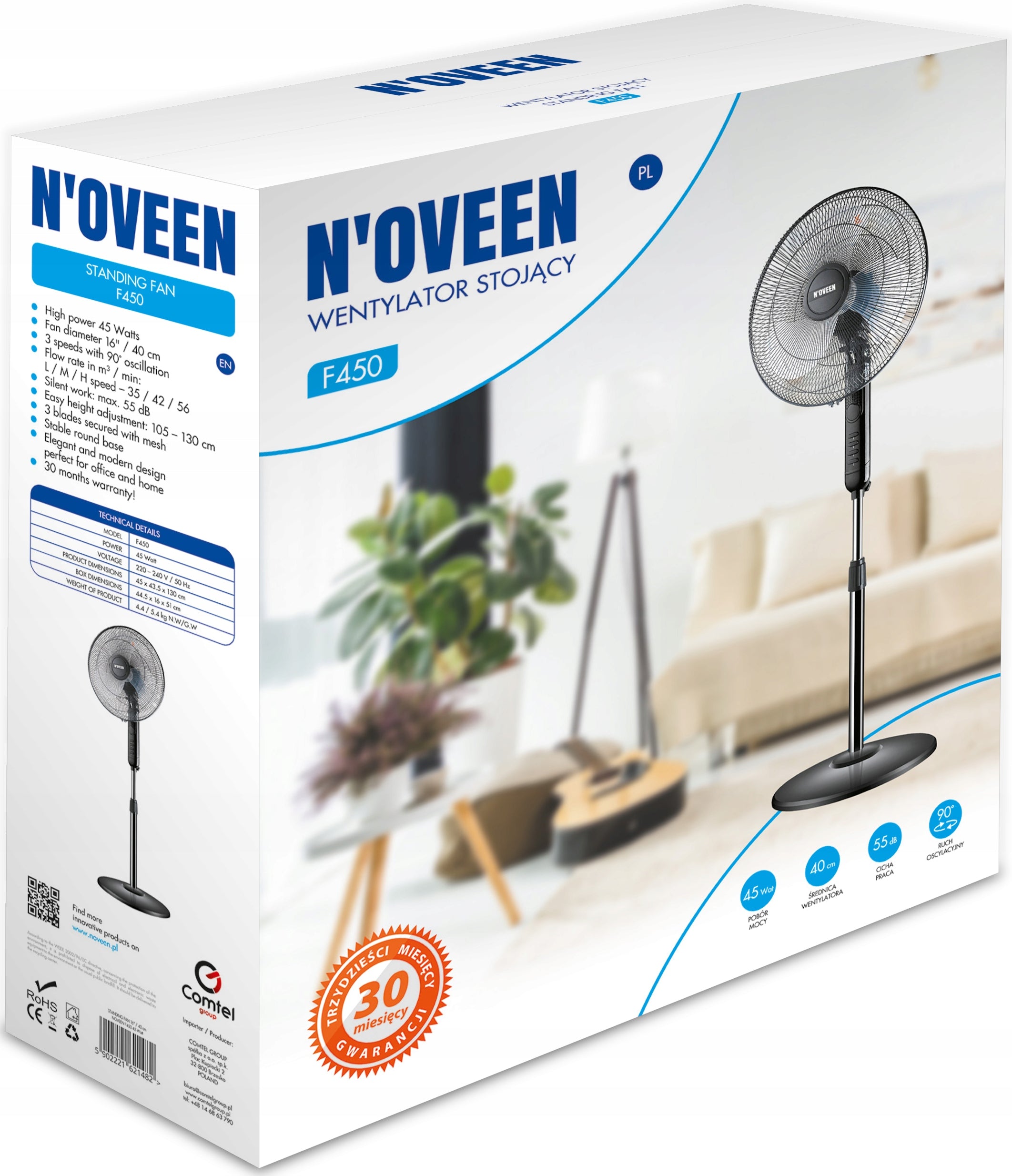 Floor fan N'oveen F450 black 16" 40CM 45W STABLE QUIET PERFORMANCE Manufacturer code F450