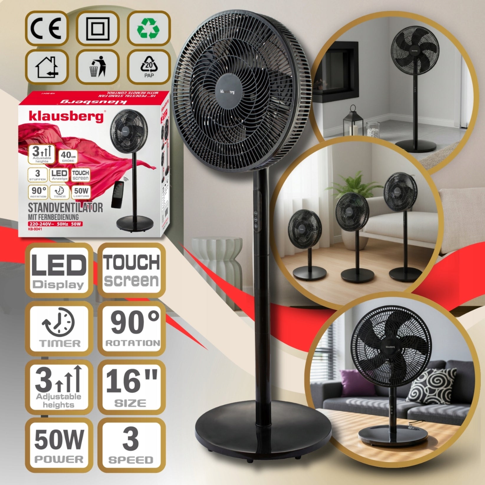 Floor standing fan KLAUSBERG KB9041 with remote control 40 cm LED 50W Timer Brand Klausberg