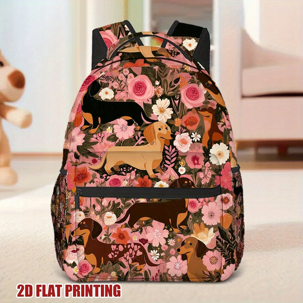 Floral Dachshund Vibrant Pink Orange School Work Backpack