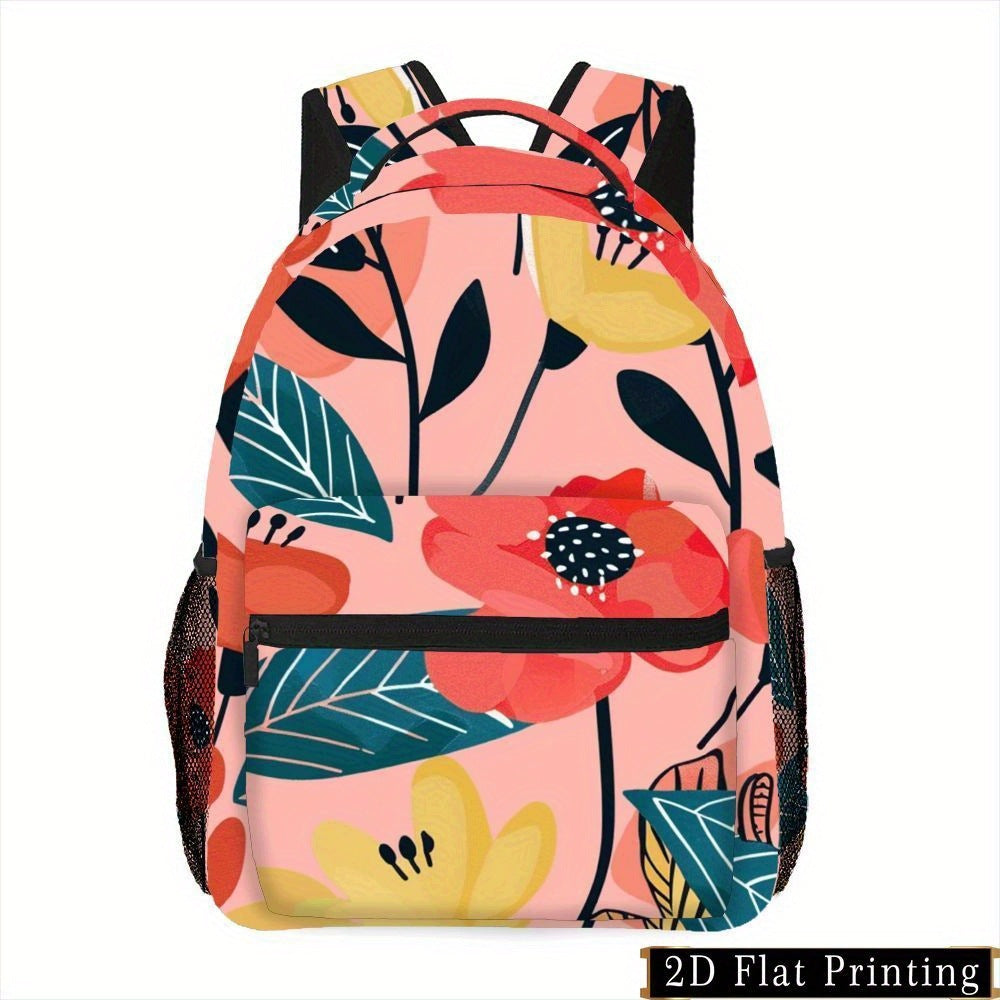 Floral Print Backpack with Adjustable Strap, Elastic Side Pockets, Lightweight