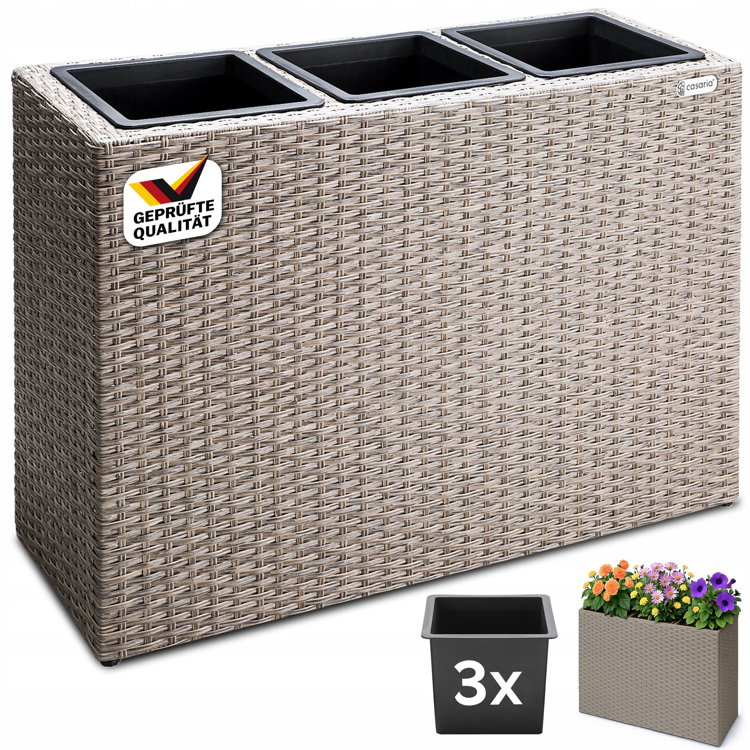 Flower Pot Garden Planter Ratan 3x Removable Cartridges Beige 83x31x60cm Length 83 cm