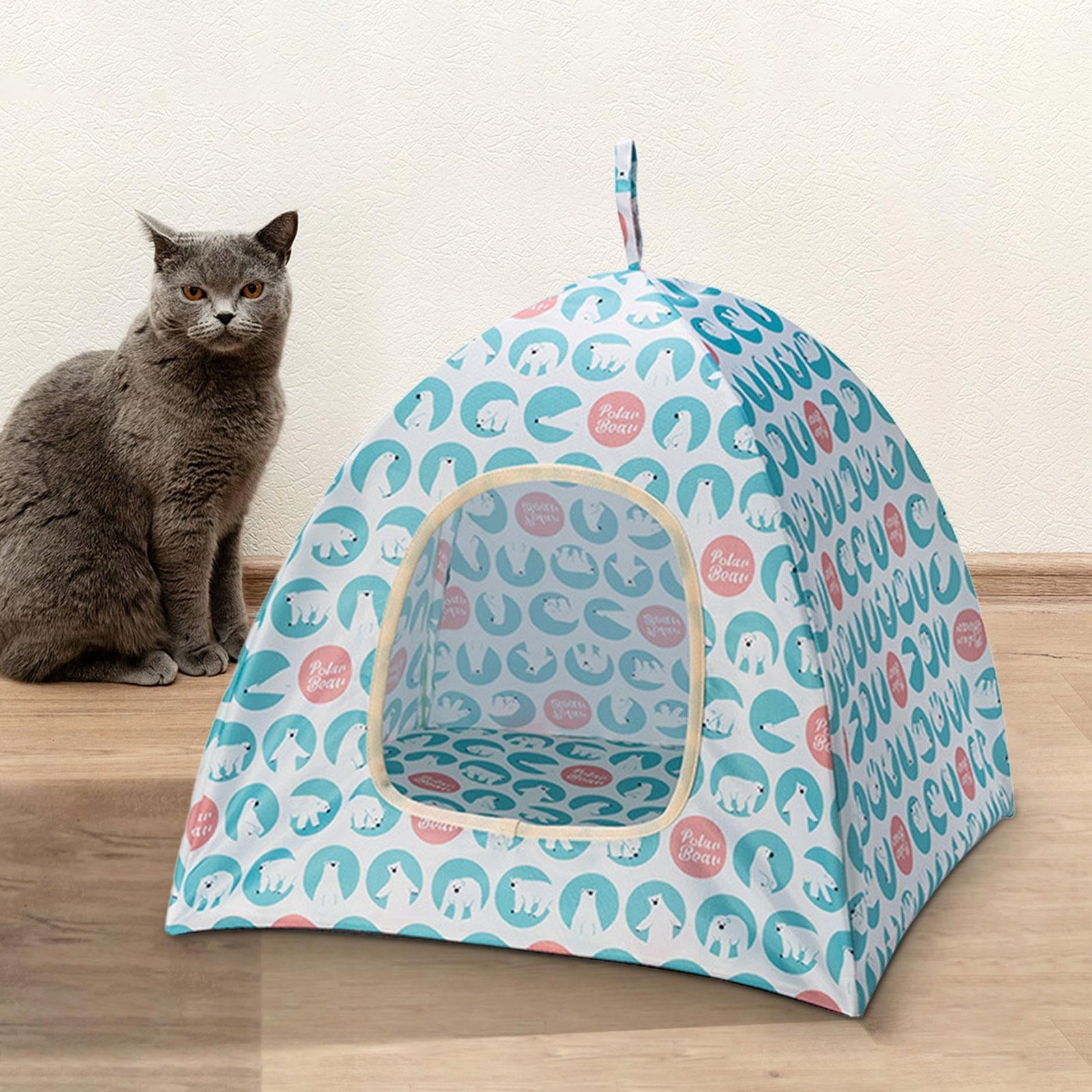 Foldable Cat Tent Portable Summer Semi Enclosed Rest and Play S Blue Material polyester