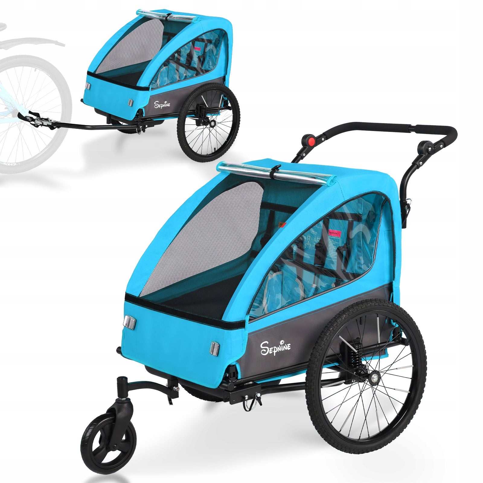 Foldable Children's Bike Trailer 2 seat Sepnine Blue 5-Point Belts for Kids