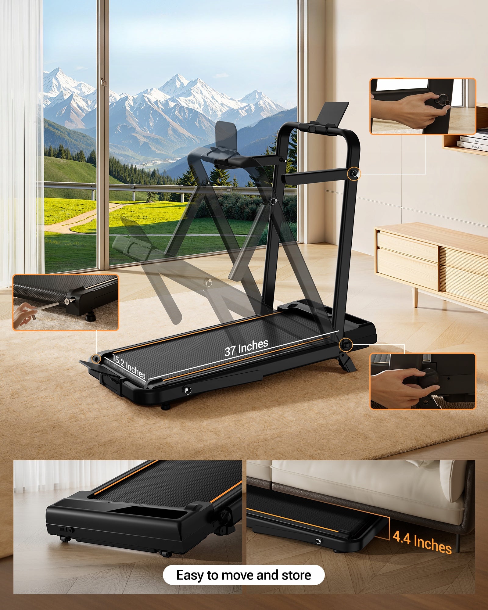 Foldable Treadmill for Home Use 12 km/h Measurements number of steps speed fat