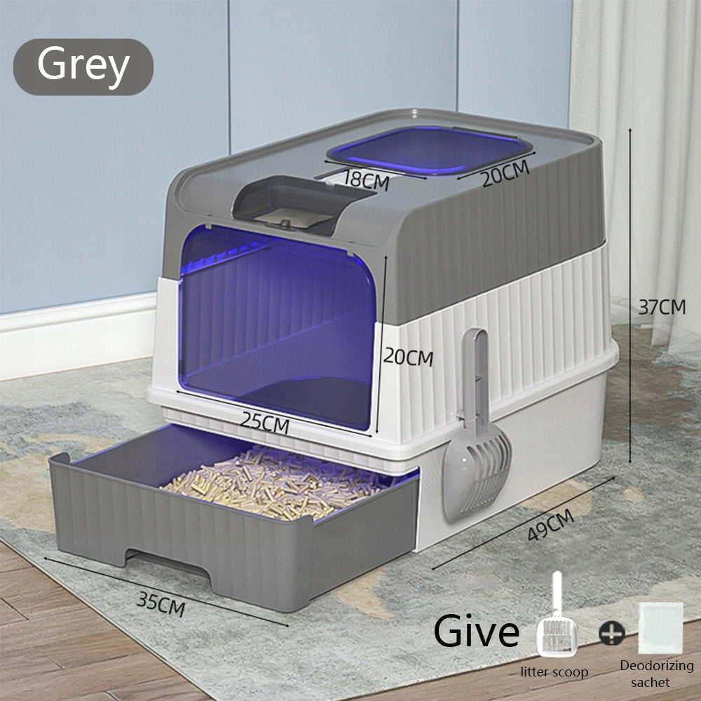 Foldable cat litter box, fully enclosed with lid and UV light, with scoop Color gray