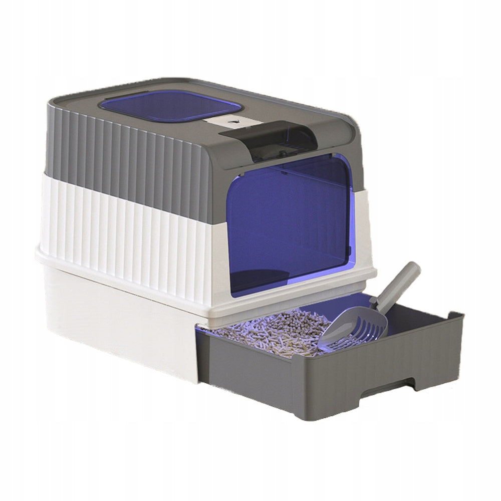 Foldable cat litter box, fully enclosed with lid and UV light, with scoop