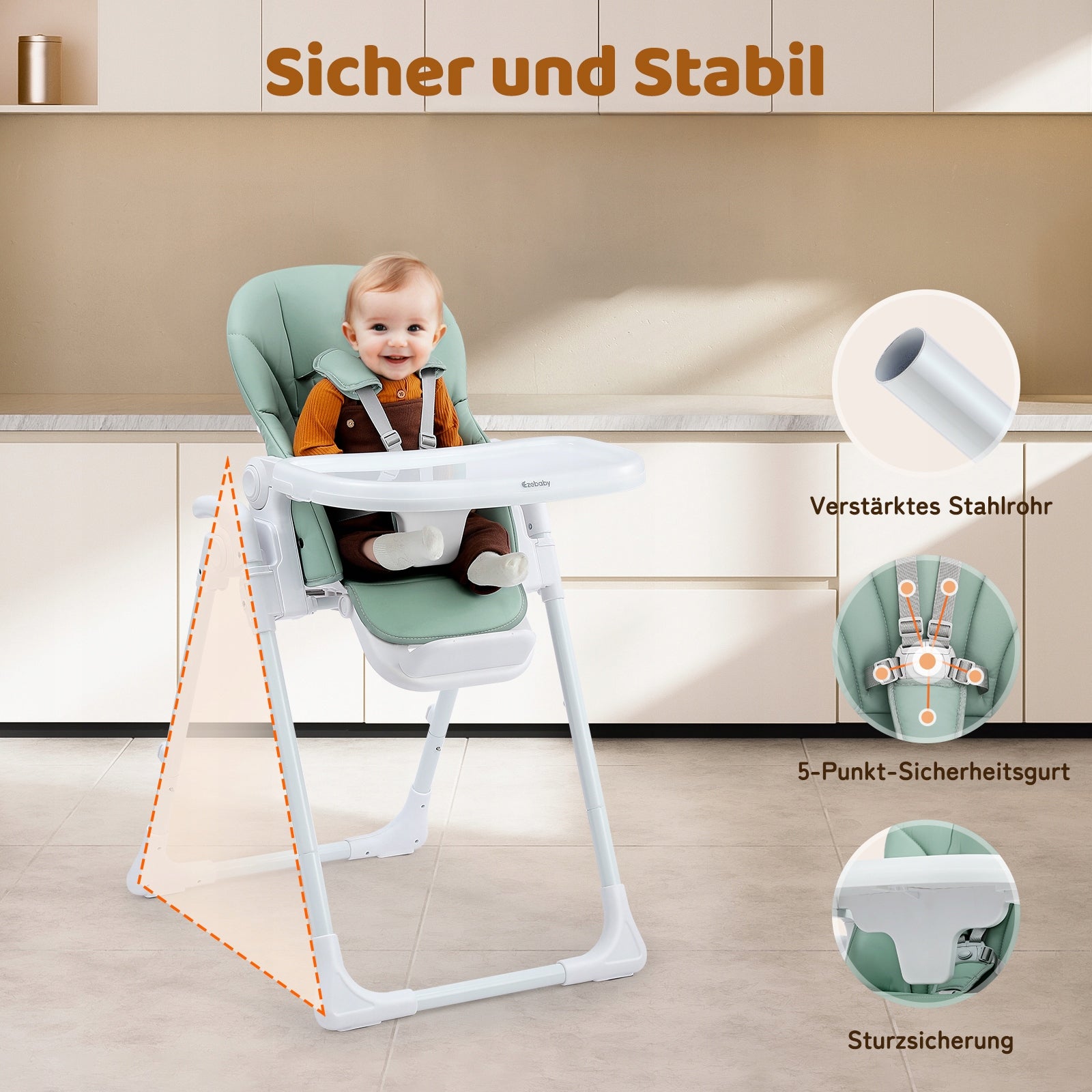 Folding Children's High Chair, 6 Heights, Adjustable Backrest, (Green) Manufacturer code Ezebaby