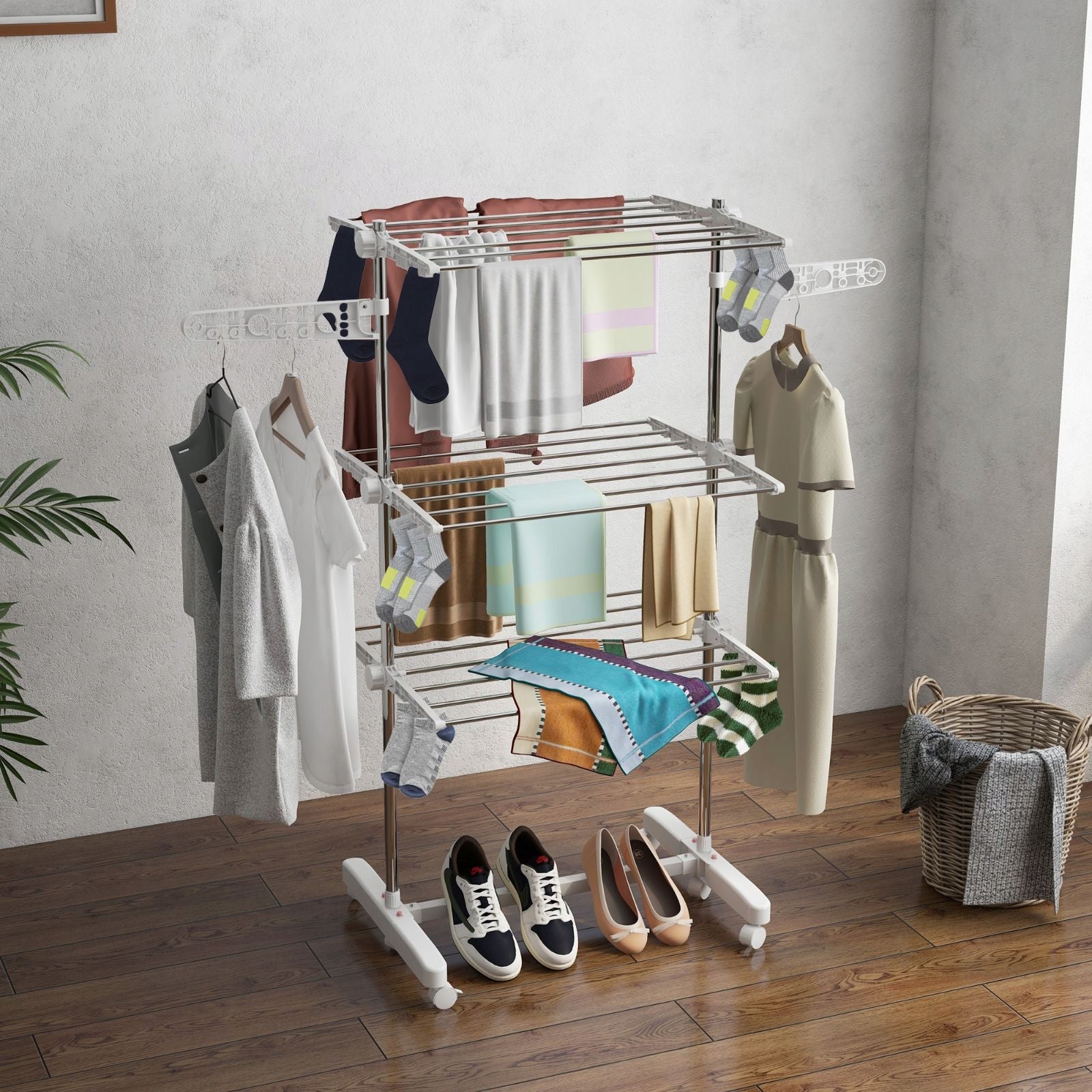 Folding Laundry Rack 3 Levels Adjustable Length 80-142 cm