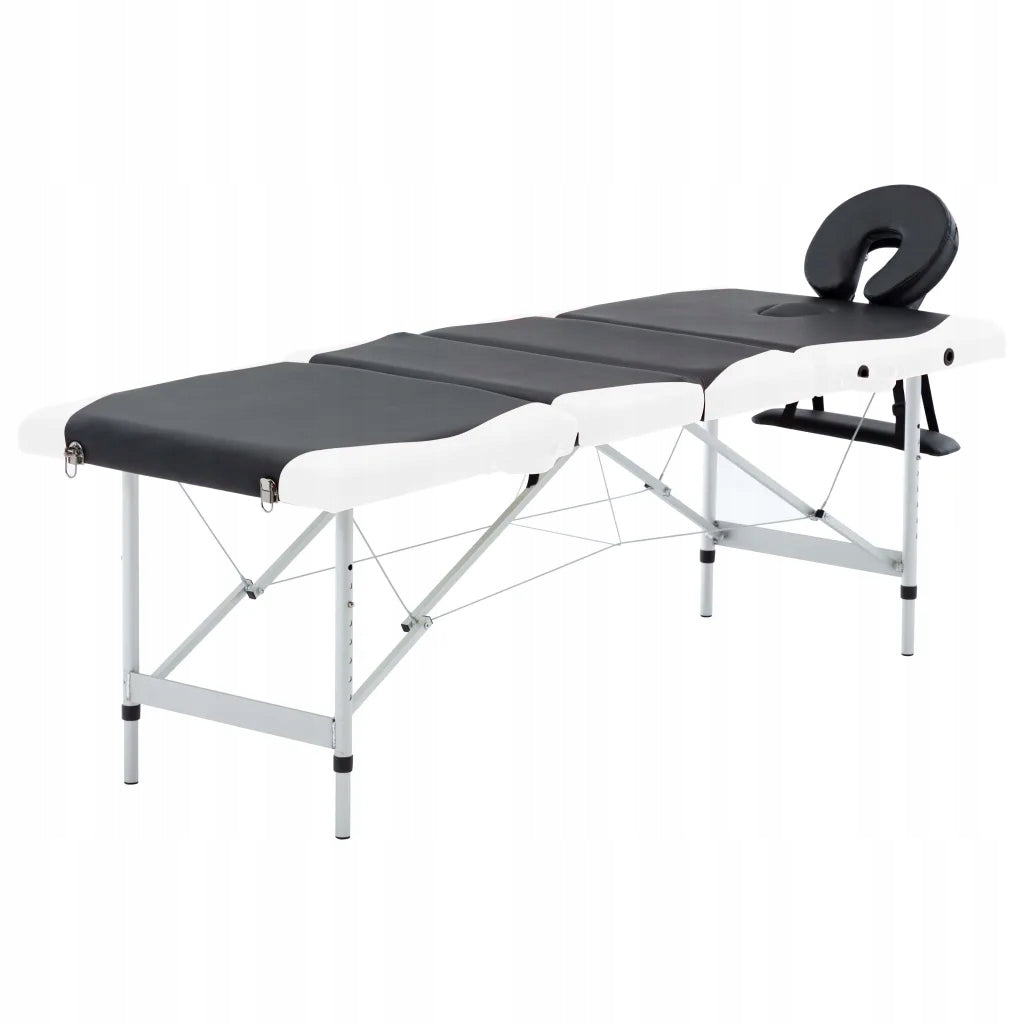 Folding Massage Table, 4-Zone, Aluminum, Black and White