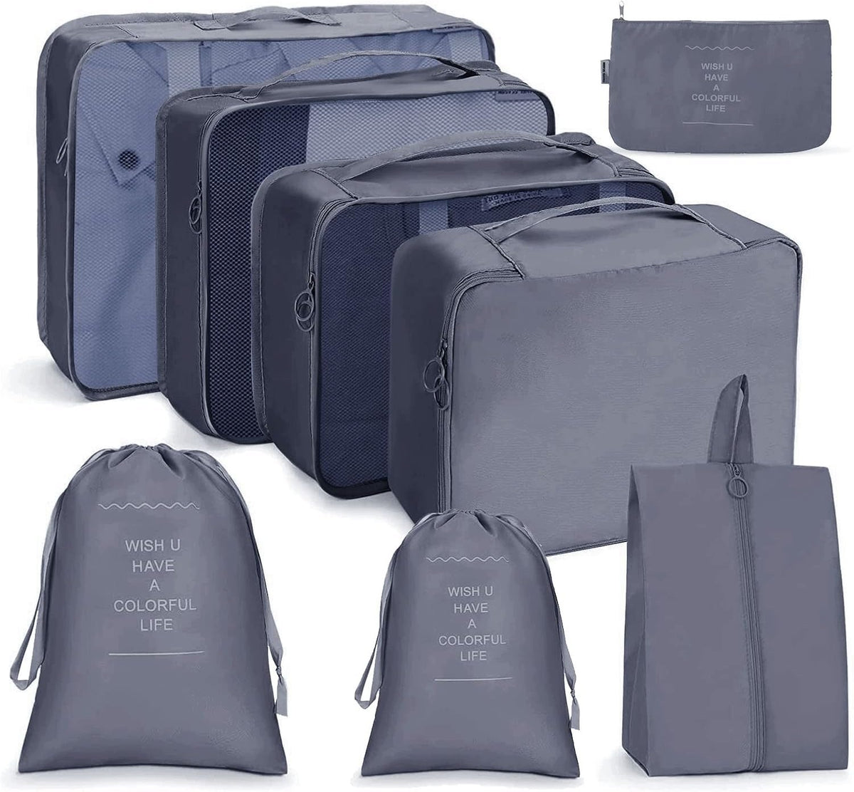 Folding Packing Cubes Waterproof Clothes Organizer 8 Pack Grey