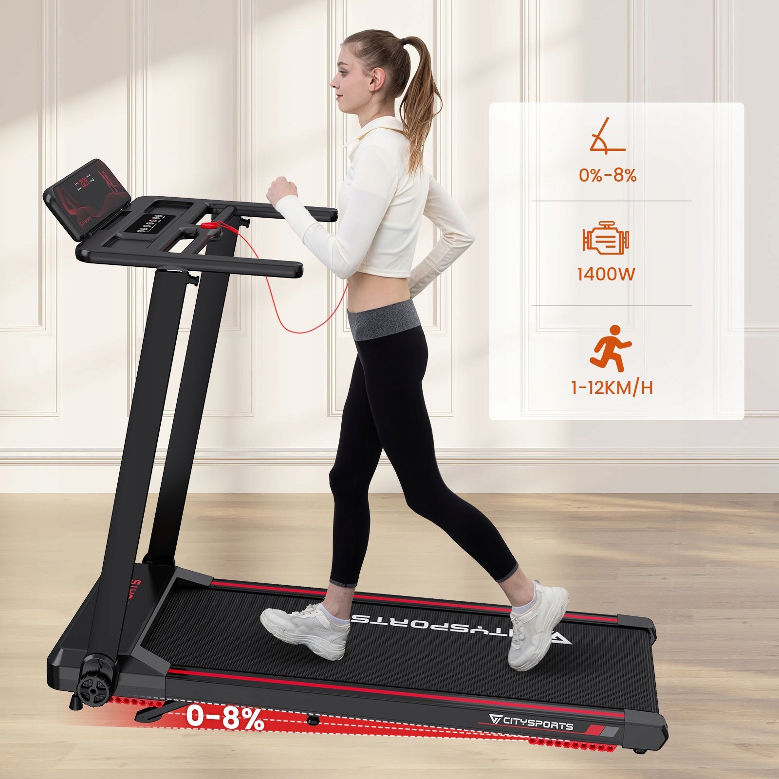 Folding Treadmill Home Electric Trainning Tilt Shock Absorption 12KM App/BT Measurements training duration distance speed burned calories