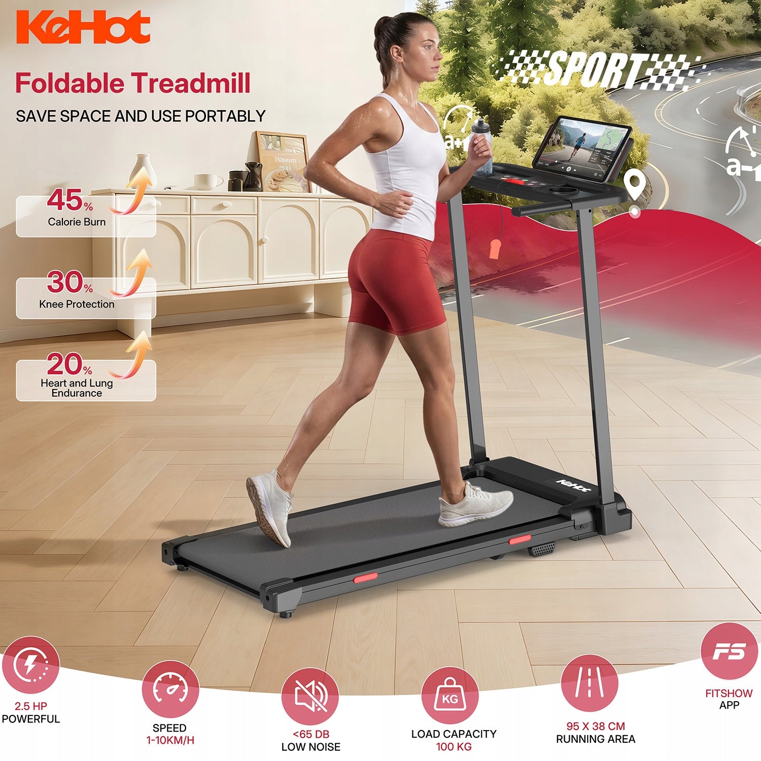 Folding Treadmills 1–10 km/h with Handrail, LCD, 12 Programs, 38x95 cm Manufacturer code kehot X22TCF