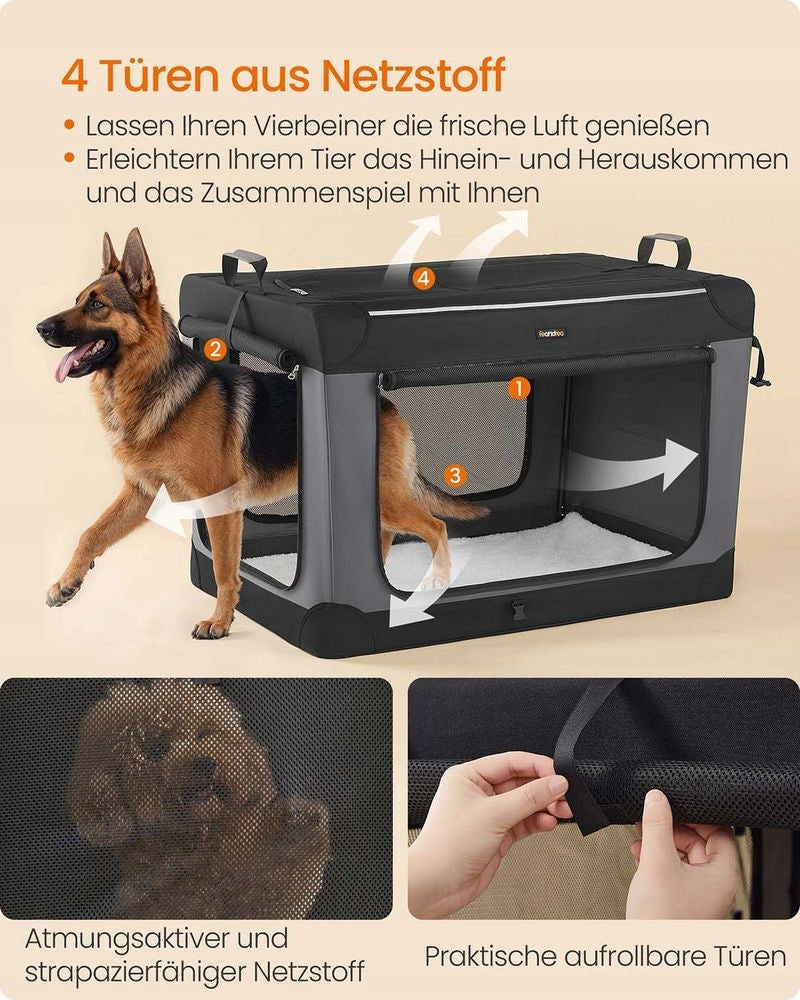 Folding cage dog transporter XXL 107×71×71cm 4 doors pocket handles Kind carrier