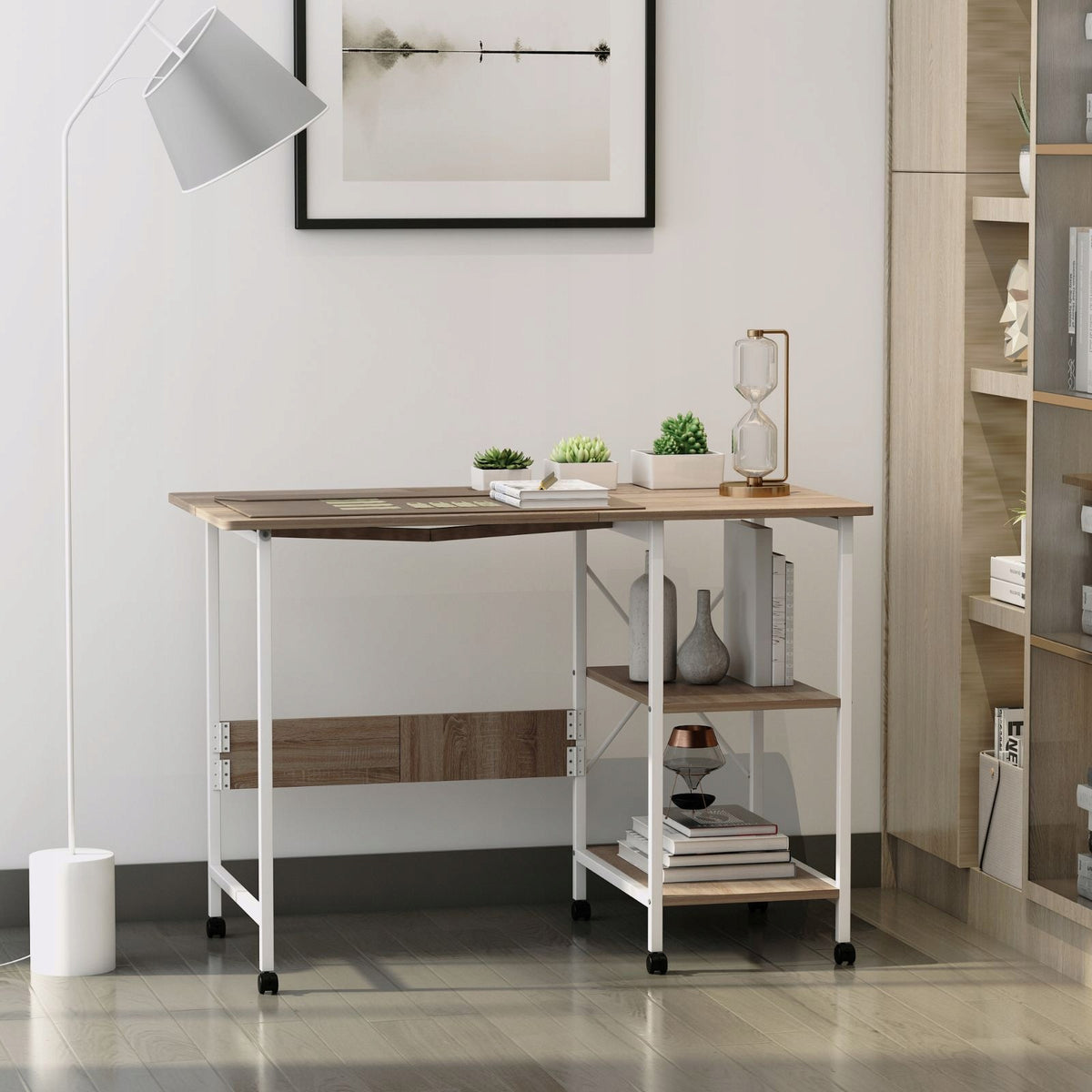 Folding computer table on wheels MDF natural 107 x 55 x 76 cm