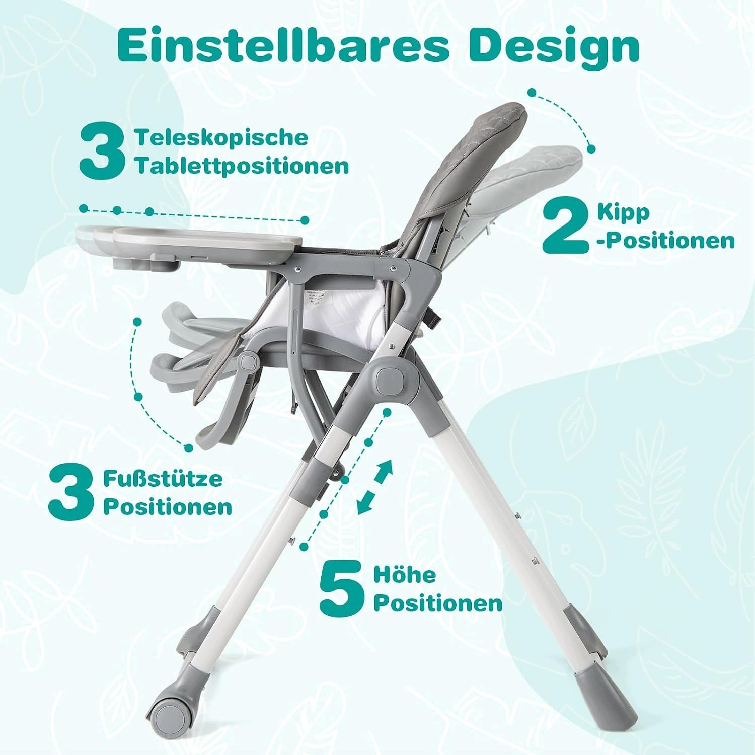 Folding high chair with height adjustable reclining position Manufacturer code AD10023GR