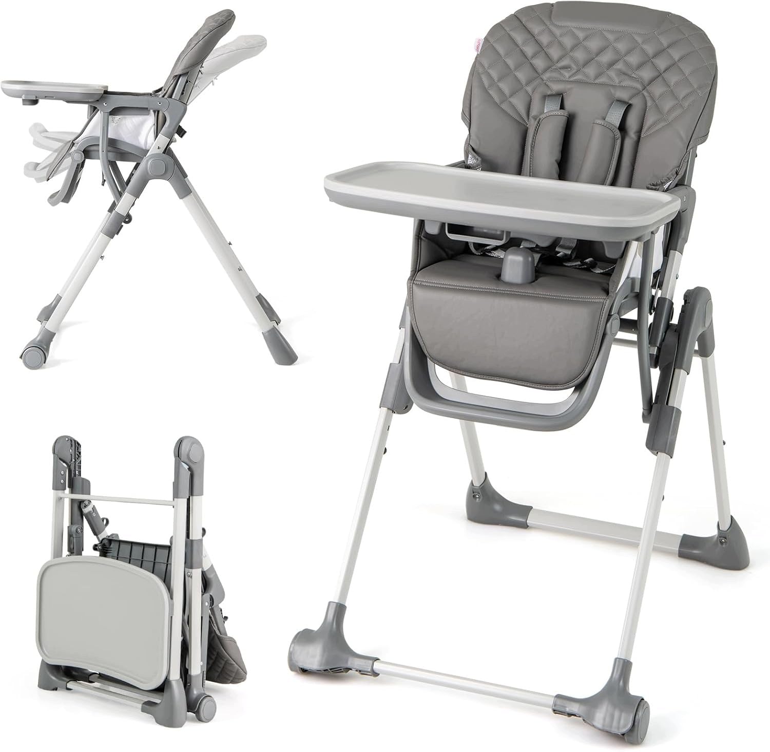 Folding high chair with height adjustable reclining position