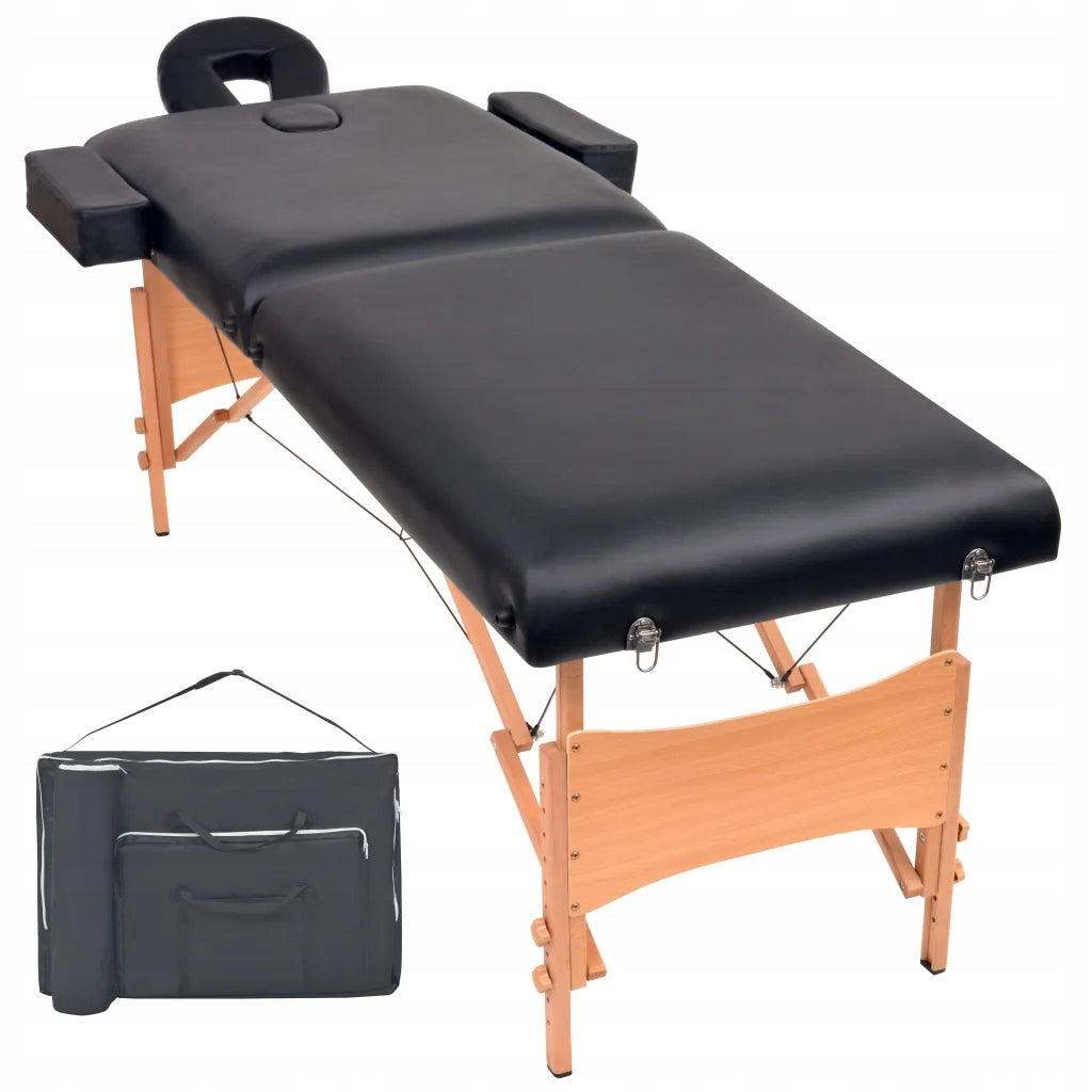 Folding massage table, black, 218x90cm, solid wood