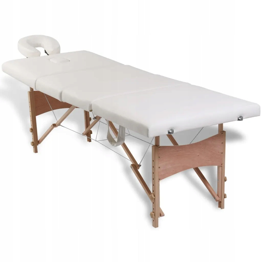 Folding massage table with wooden frame, 4 zones, cream Color white