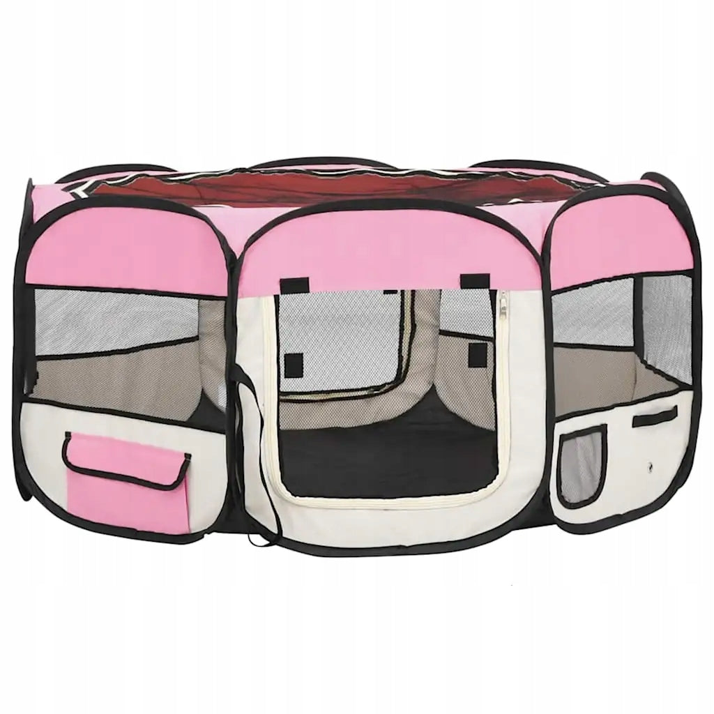 Folding playpen for dog, with bag, pink, 145x145x61 cm