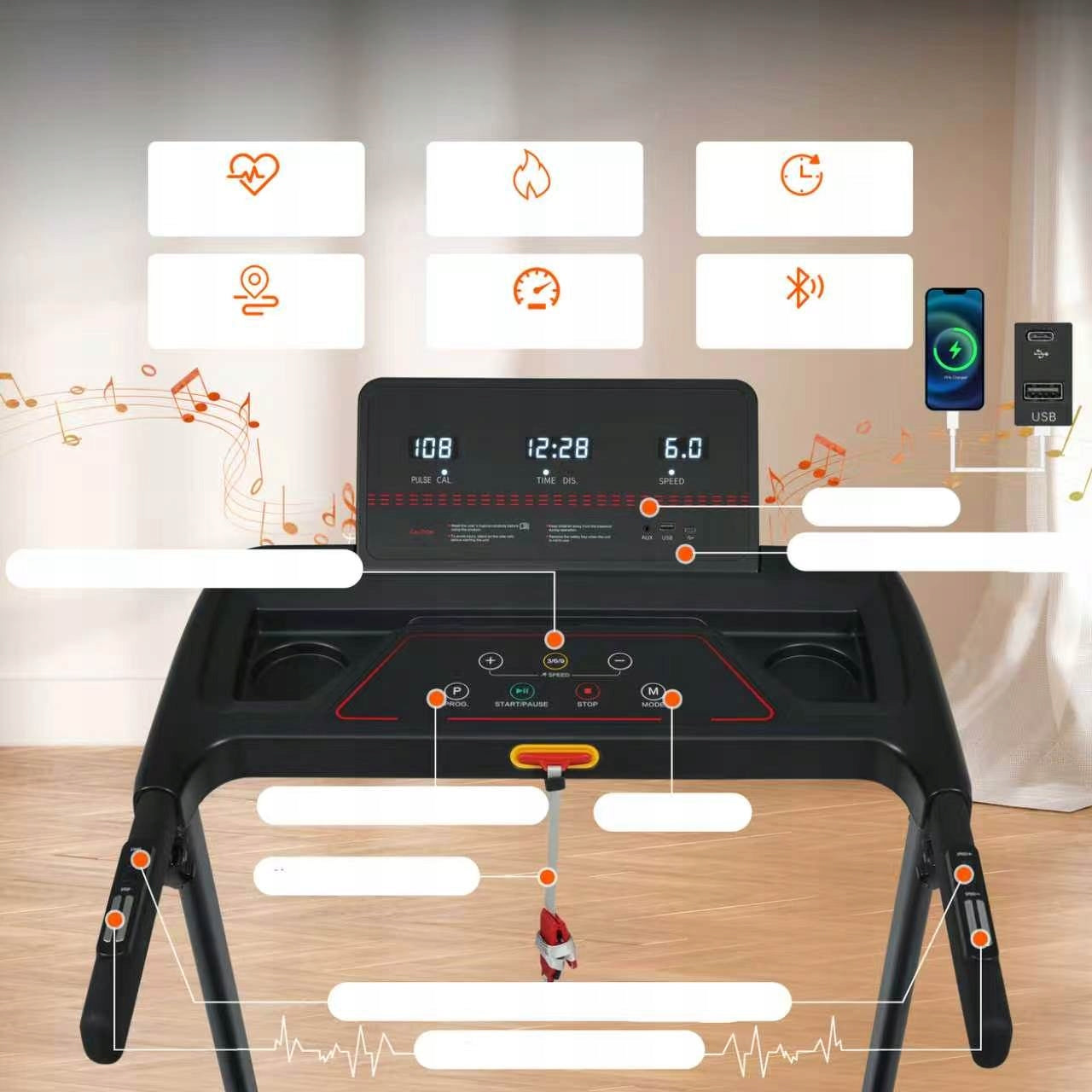 Folding treadmill for home N884P423388B 14km/h120kg3.0KM slope 8% BT USB Maximum user weight 120 kg