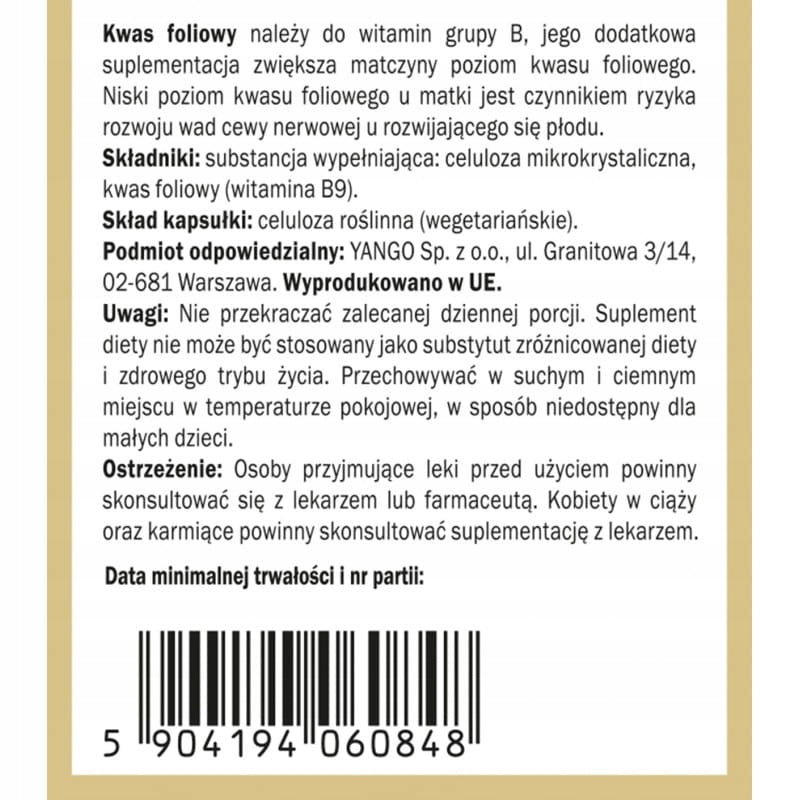 Folic acid - vitamin B9 - Yango - 90 kaps. Manufacturer code 5904194060848