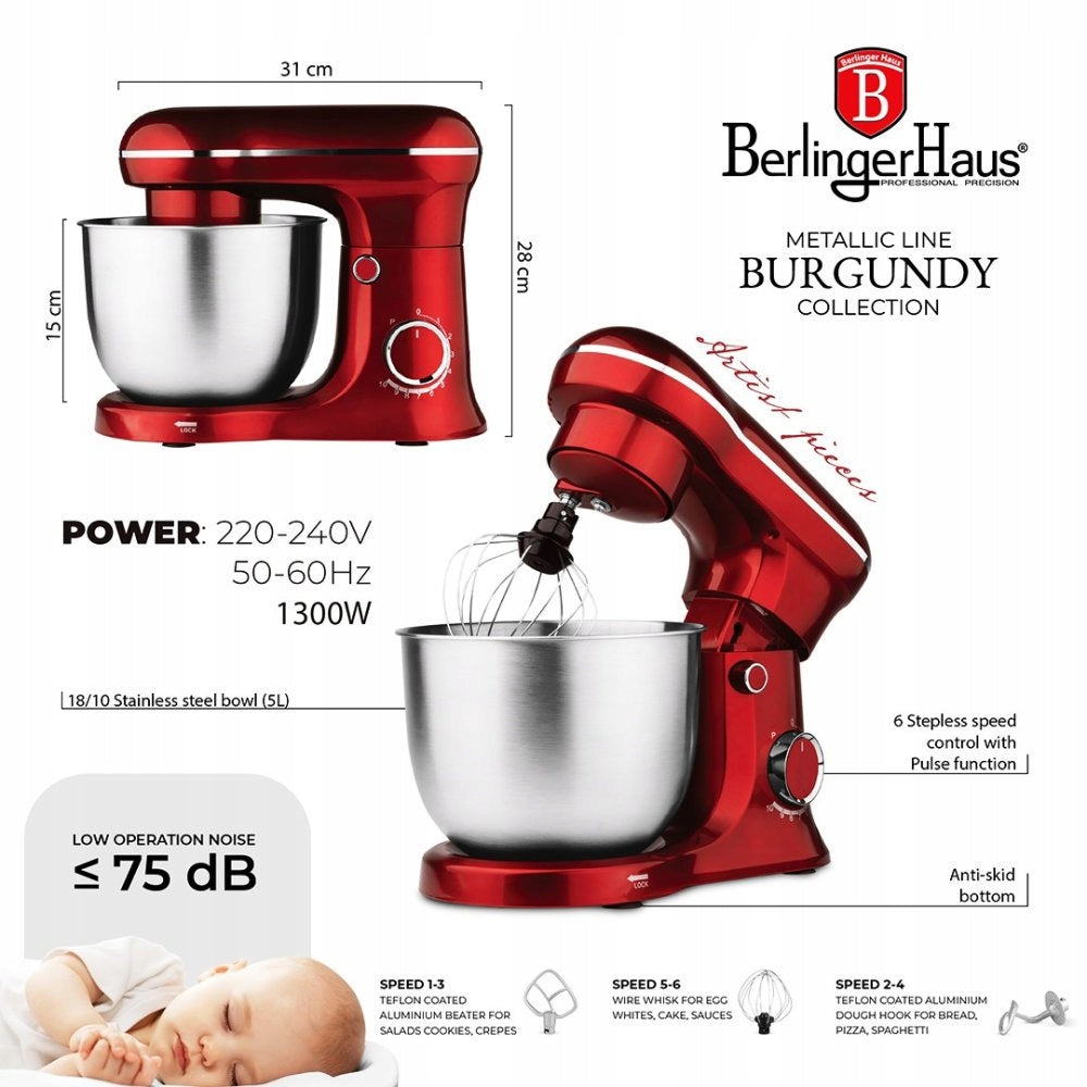 Food Processor 1500 W Burgundy Metallic Line Brand Berlinger Haus