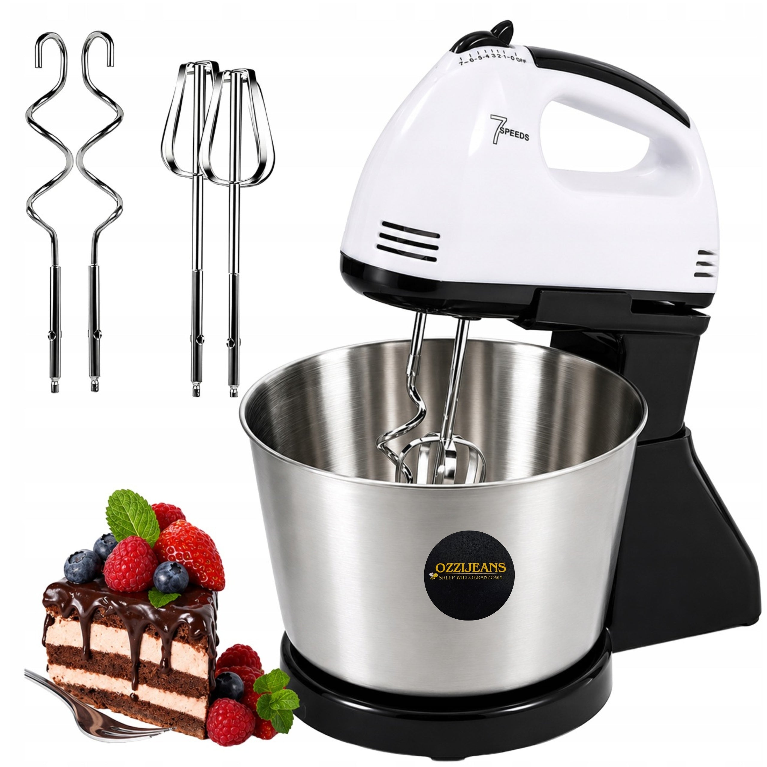 Food Processor Hand Mixer Powerful with Steel Bowl 7 Speeds 100W Tips