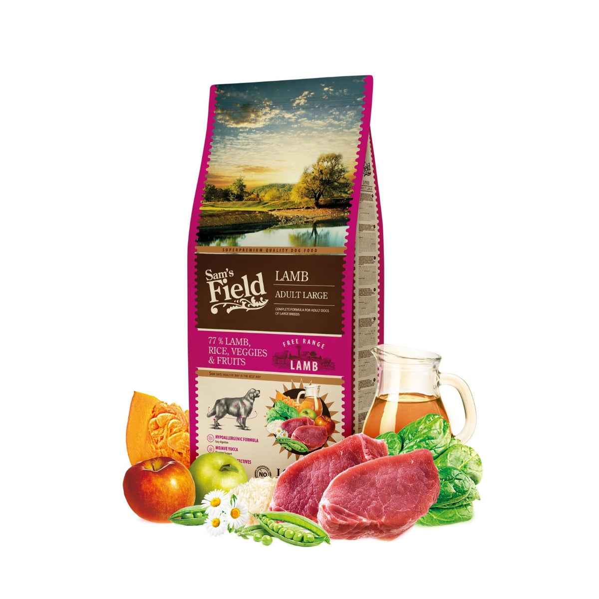 Food Sam's Field Large Dog Beef with Rice 13kg SET Treat + Ball Packaging status original
