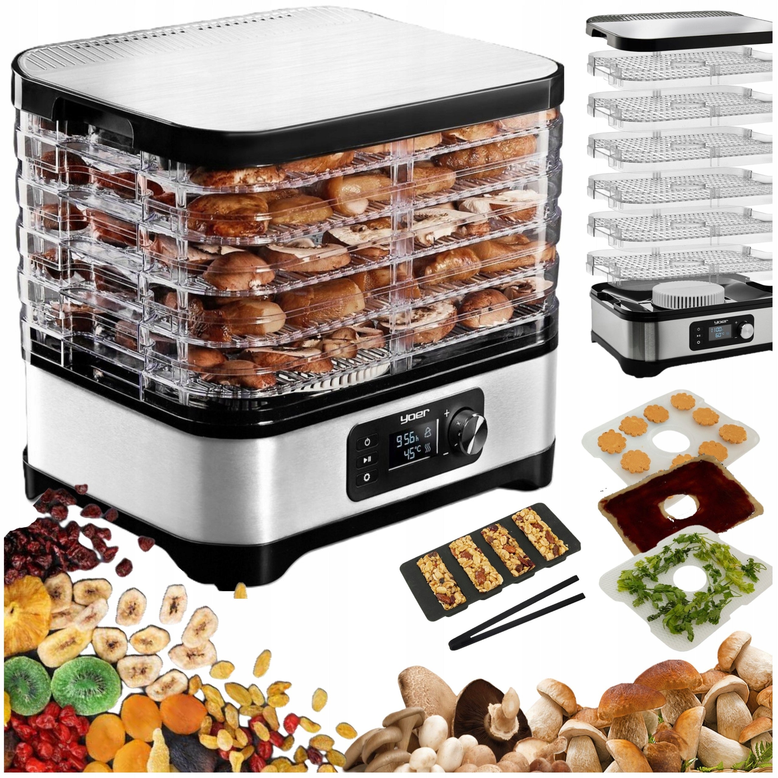 Food dryer POWERFUL FOR MUSHROOMS INOX 6 levels 9 additives TIMER 450W