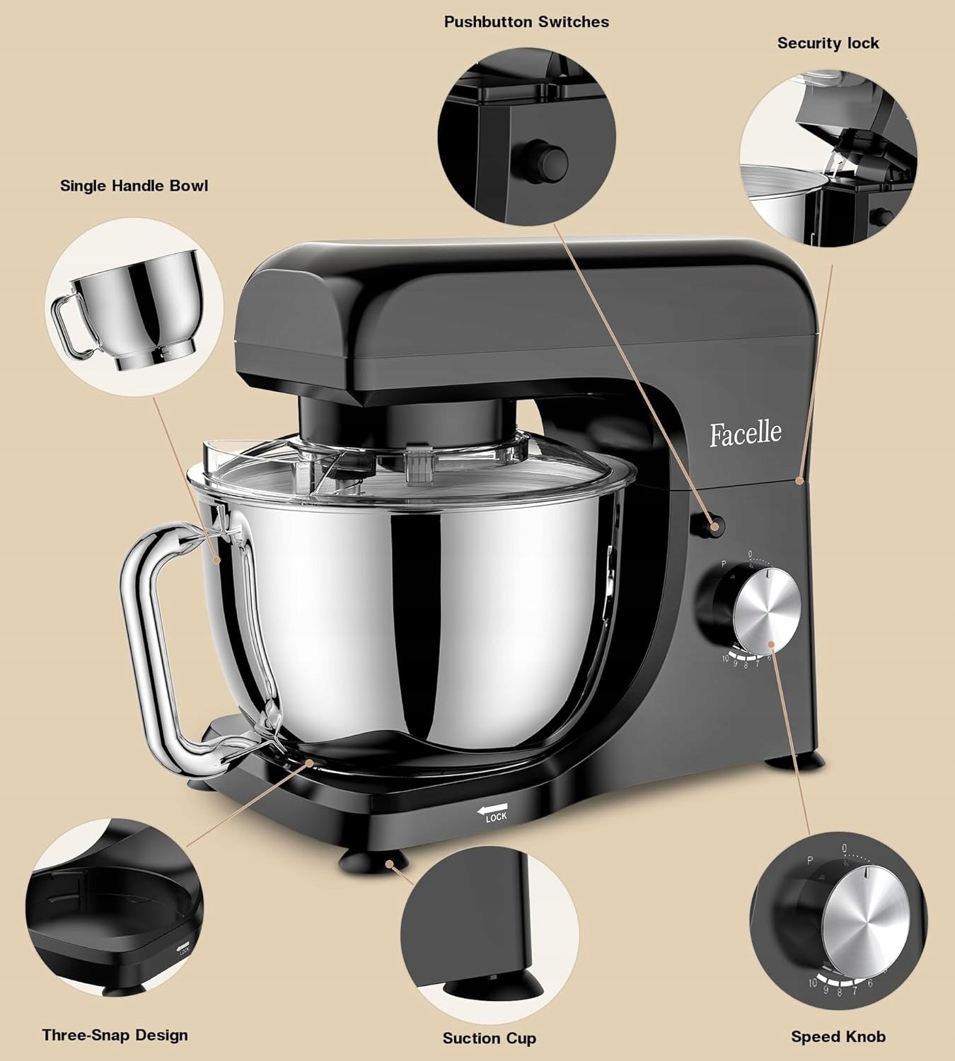 Food processor Facelle 1300 W – Planetary Mixer 5,5 l, Black Manufacturer code FACELLE SM-1536