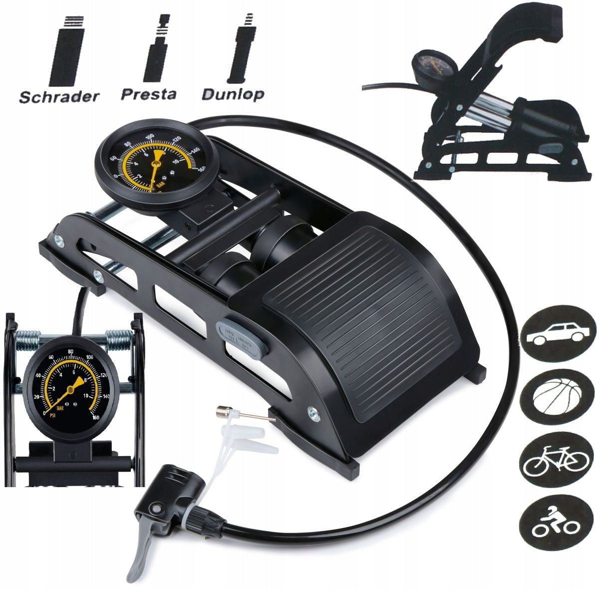 Foot PUMP 2-piston with pressure gauge DUNLOP black for bicycle ball car