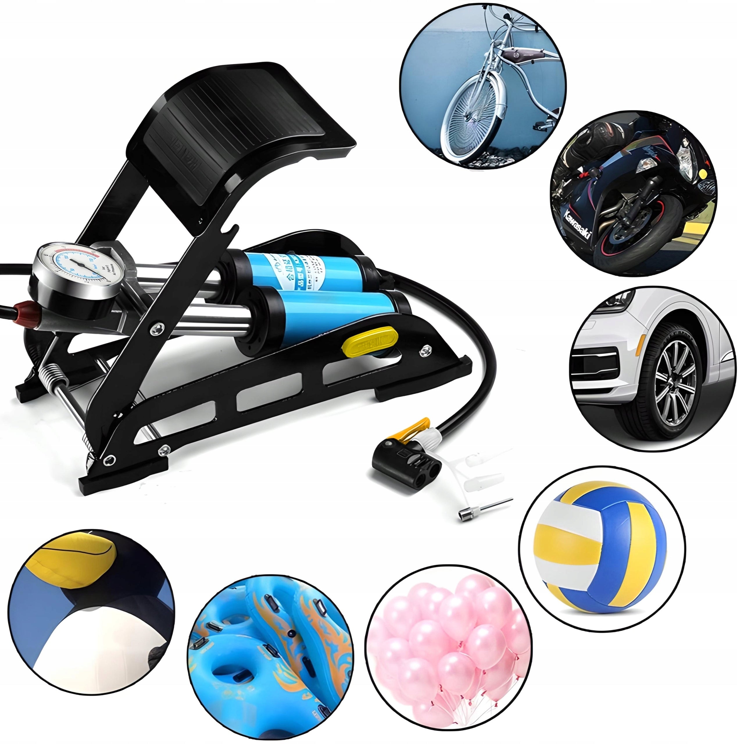 Foot Pump Double Piston Car Bicycle Pressure Gauge Ball Mattresses Auto Manufacturer code AKSARAJ pompka dwutłokowa nożna