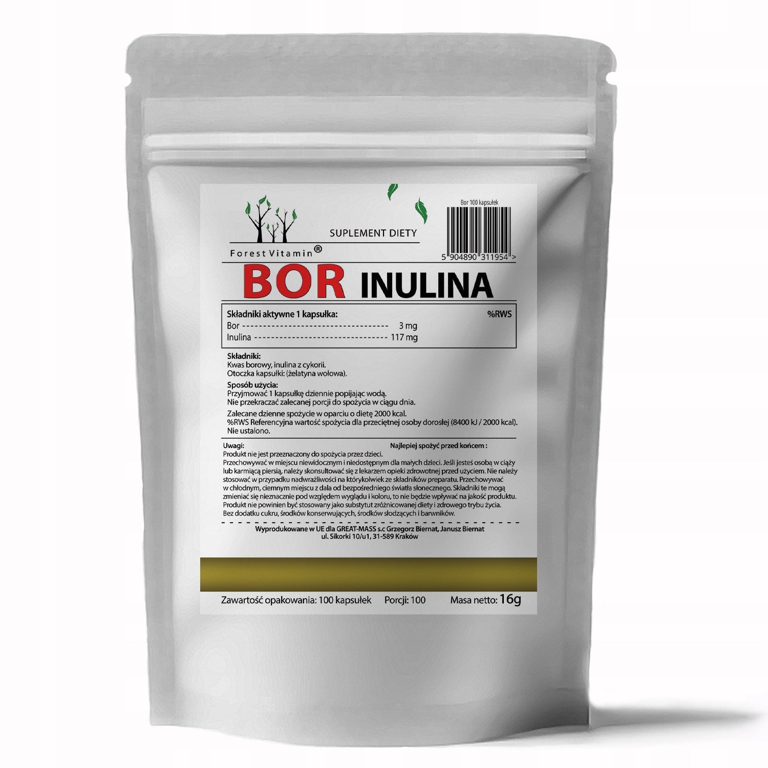 Forest Vitamin - Boron 3mg INULIN 100 capsules METABOLISM INTESTINAL MUSCLES Manufacturer code BOR