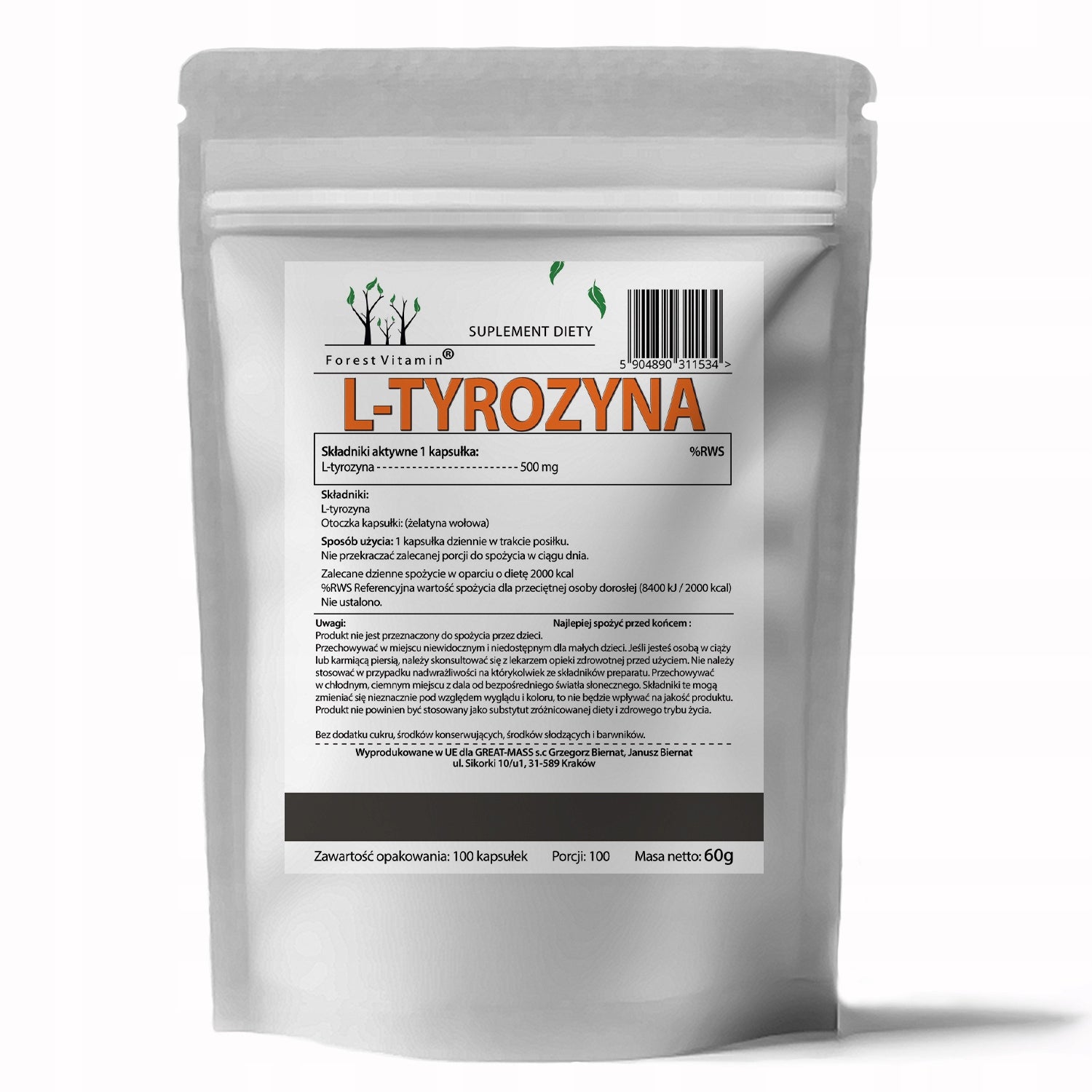 Forest Vitamin L-Tyrosine 500mg Concentration Energy 100 capsules Brand Forest Vitamin