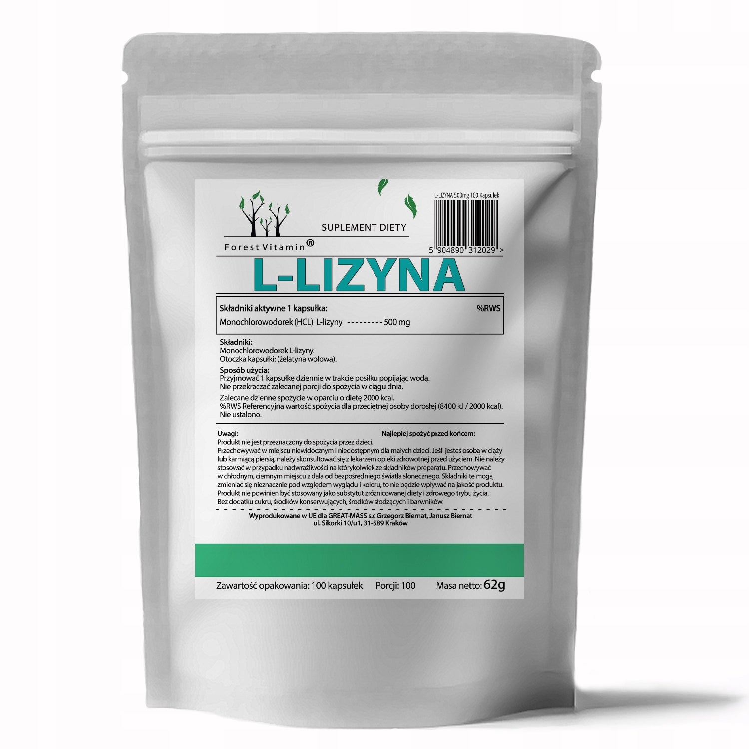 Forest Vitamin - LYSINE MONOHYDROCHLORIDE HCL LYSINE 500mg 100capS IMMUNITY Brand Forest Vitamin
