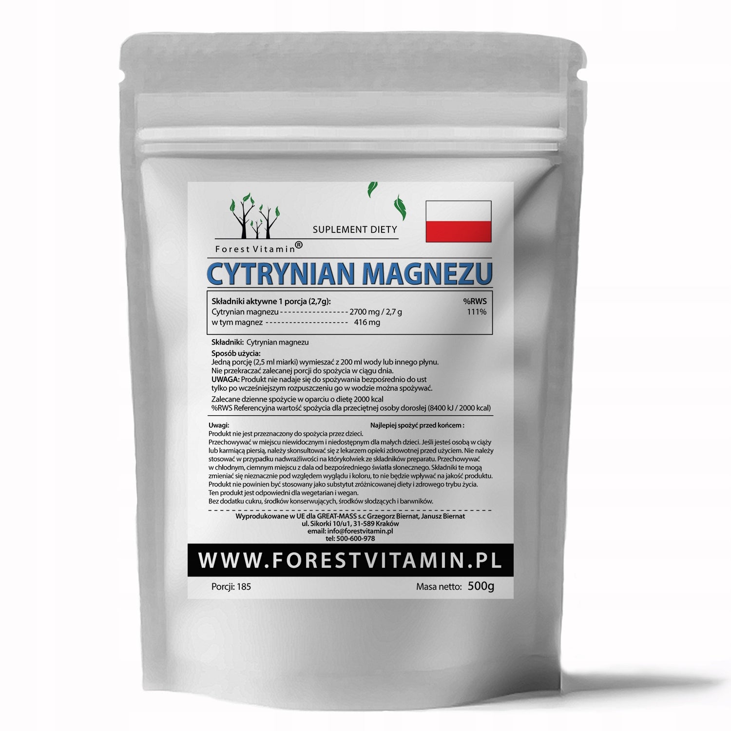 Forest Vitamin Magnesium Citrate Sleep Muscle Stress Powder 500 g Manufacturer code 100% Cytrynian Magnezu W PROSZKU CZYSTY