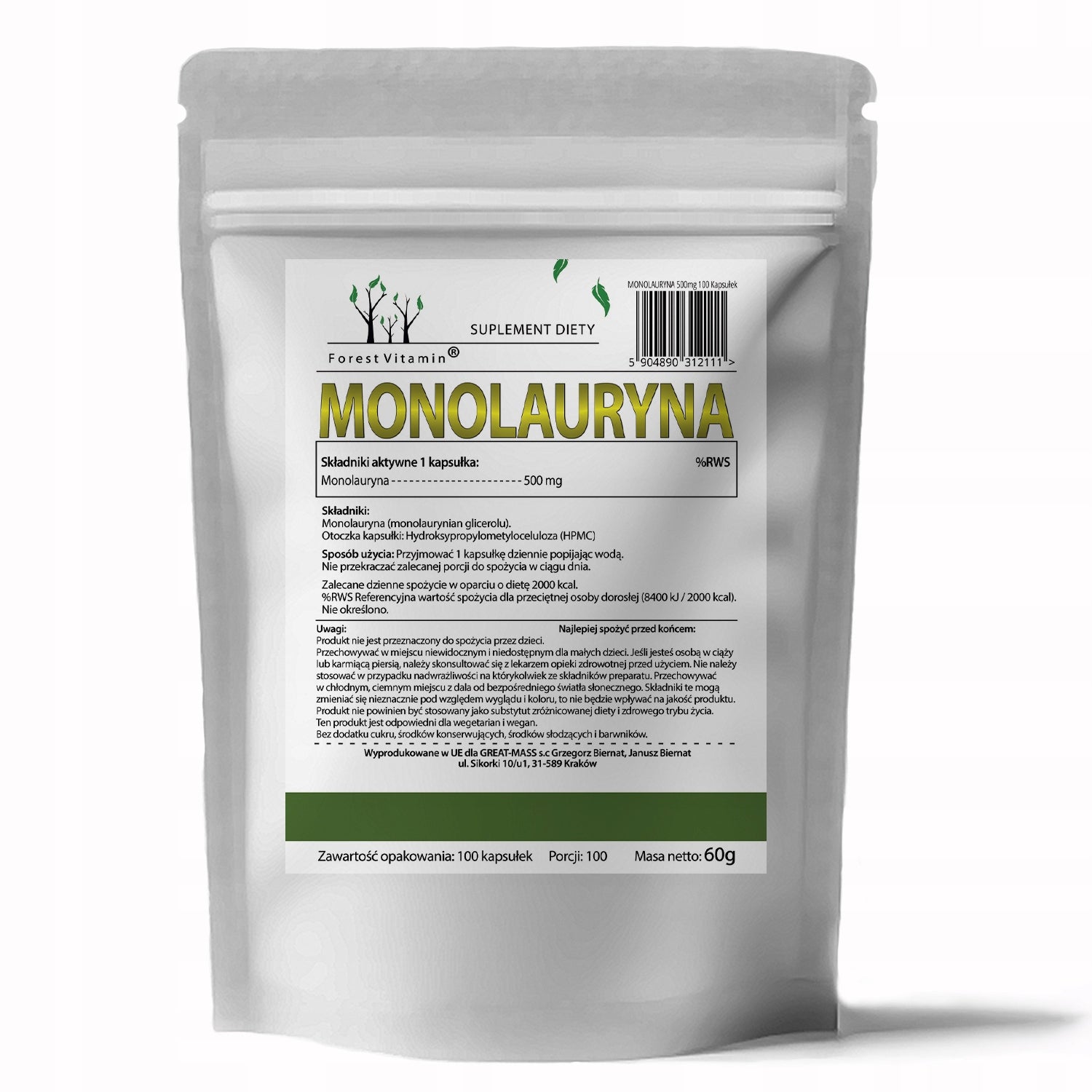 Forest Vitamin - Monolaurin 500mg 100 capsules monolaurine STRENGTH Brand Forest Vitamin