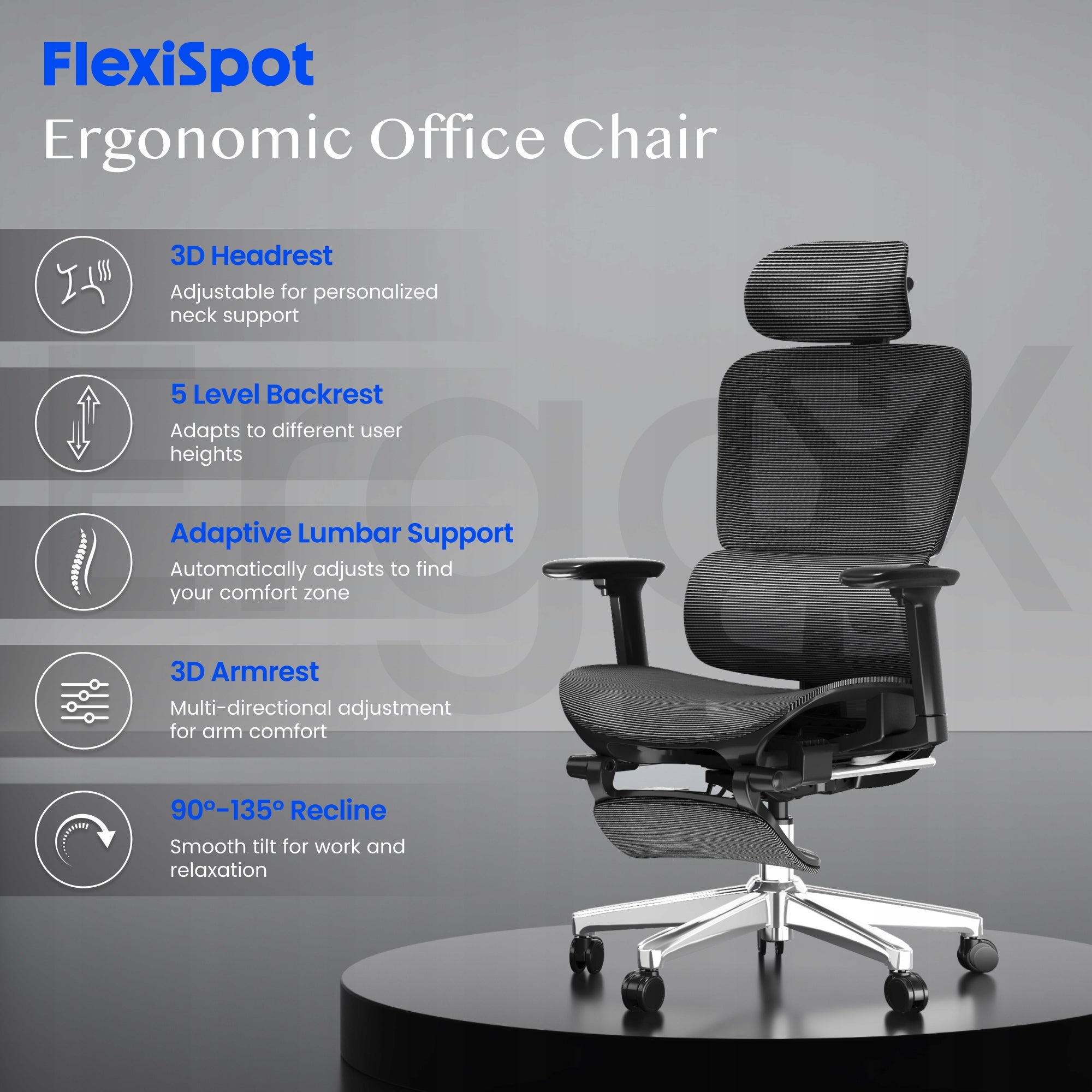 Fotel Biurowy FLEXISPOT Ergox Regulacja 5D Adaptacyjne Lędźwie Siatka Packaging status original
