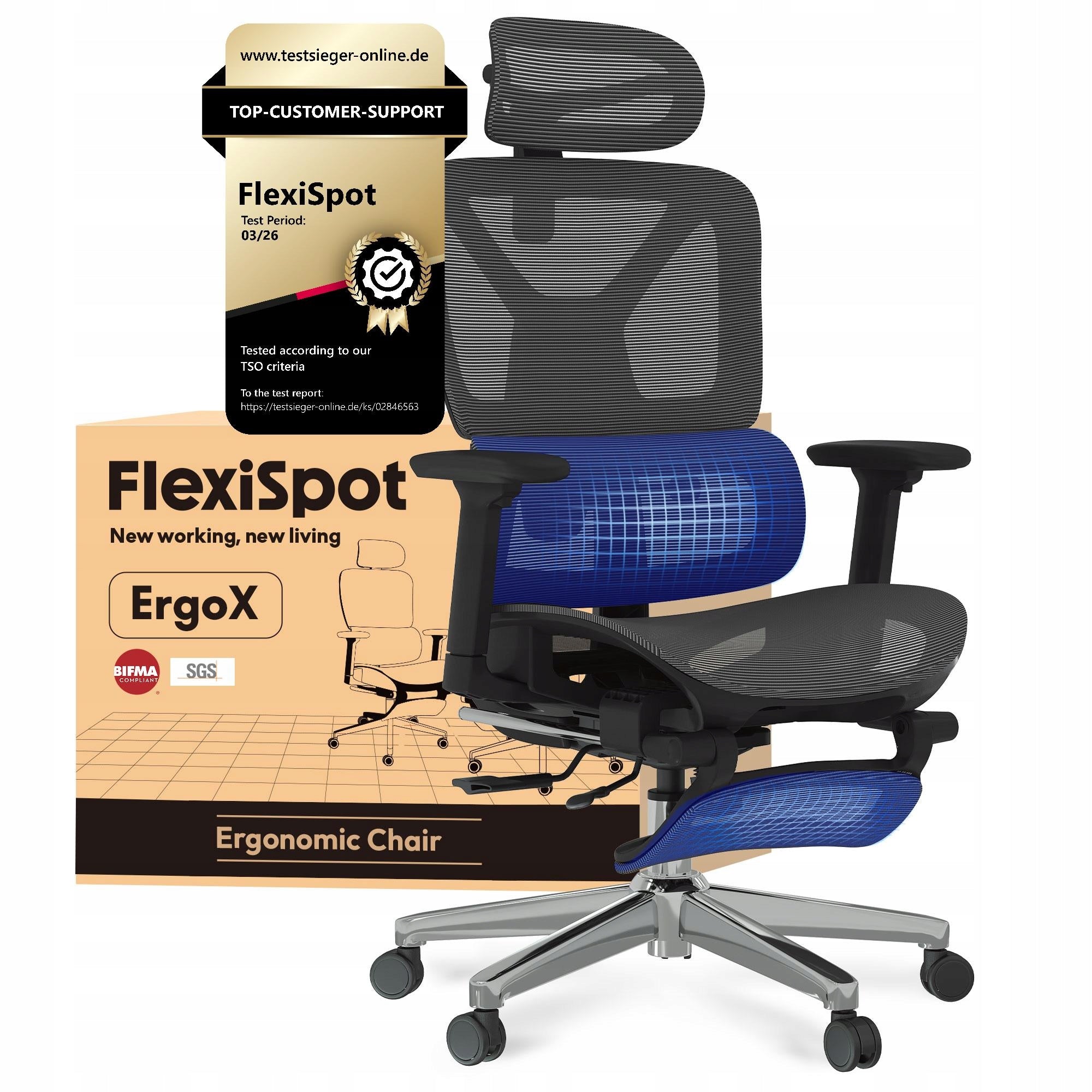 Fotel Biurowy FLEXISPOT Ergox Regulacja 5D Adaptacyjne Lędźwie Siatka